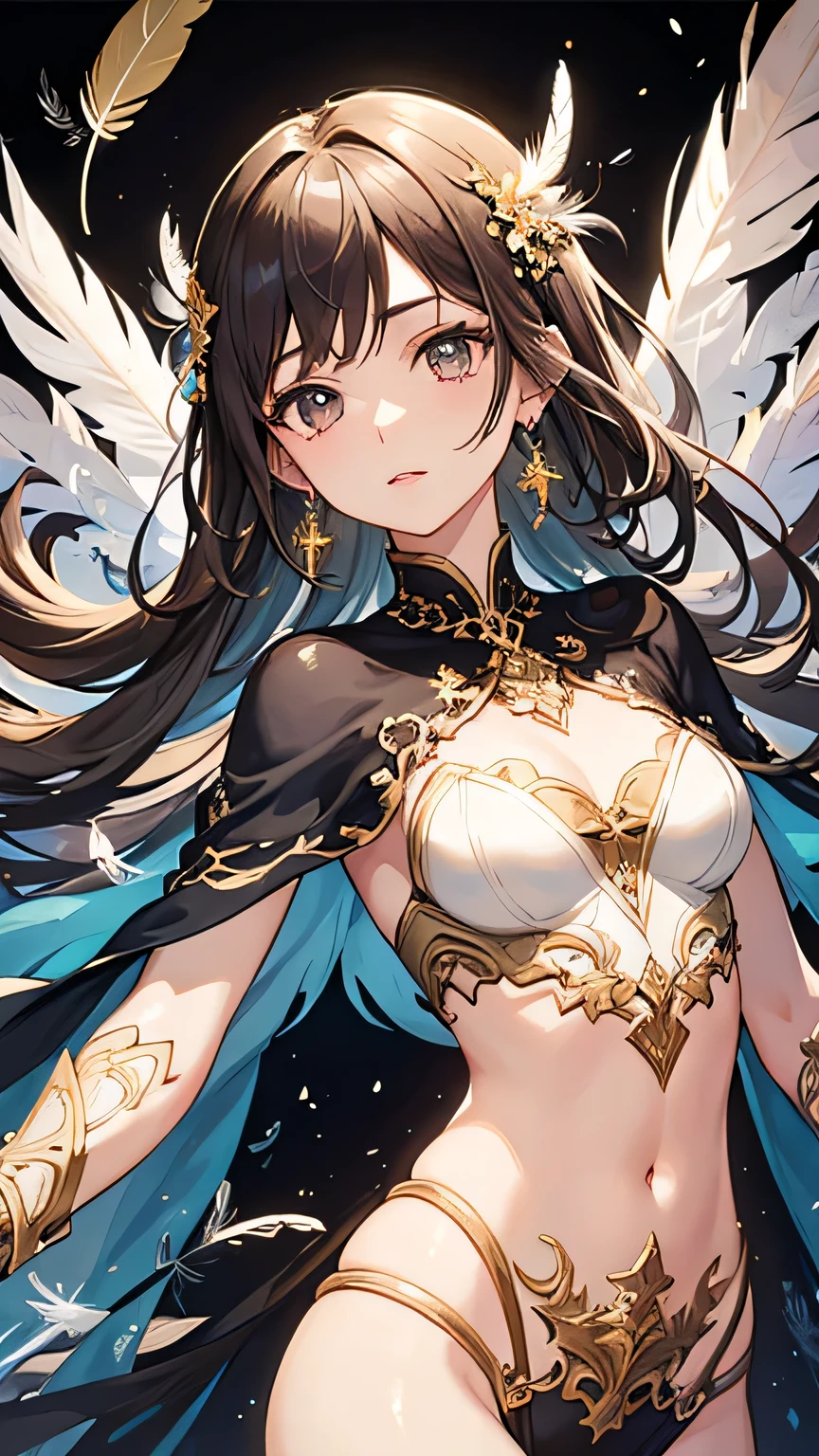 Small breasts, Expose your shoulders, short hair, Brown Hair, colored feather, metal ornaments, colored Flowers, particle, Light, (masterpiece, highest quality, Official Art, beautifully、beautiful: 1.2), (1 girl: 1.3), Very detailed, (Fractal Art: 1.1), (Black gradient: 1.1) (Flowers: 1.3), Best details, (Tangled: 1.2), (Dynamic pose), (Abstract background: 1.3) , (Shiny skin), (Black gradient: 1.4), (Earrings: 1.4), (feather: 1.4)、((White Background))、((Blank Background))、anime