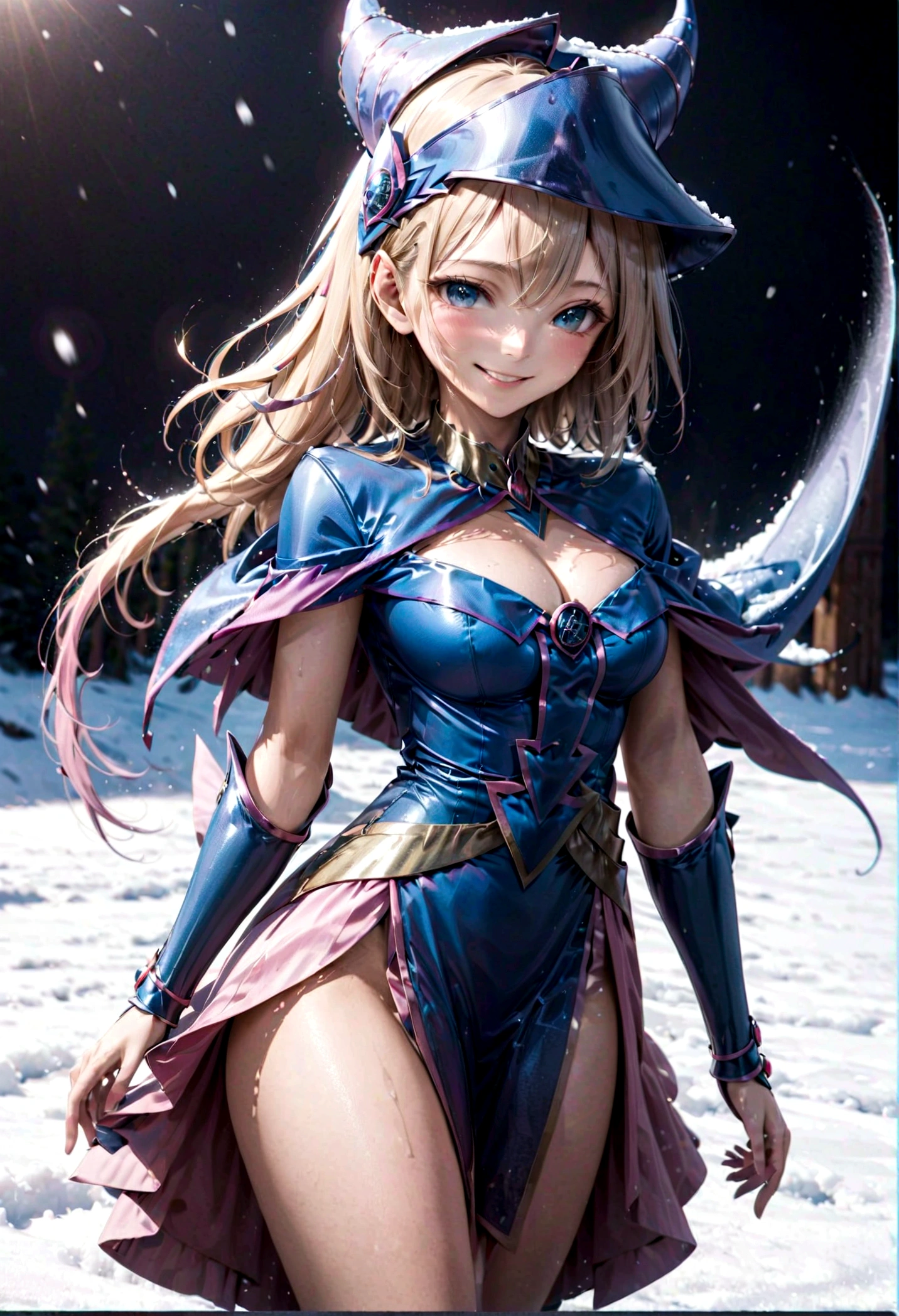 film action shot of Dark_Magician_Girl, a woman with blond hair in a blue costume, look at viewer, pale skin,, smile, (at snowfield), wet on body, casting spell,