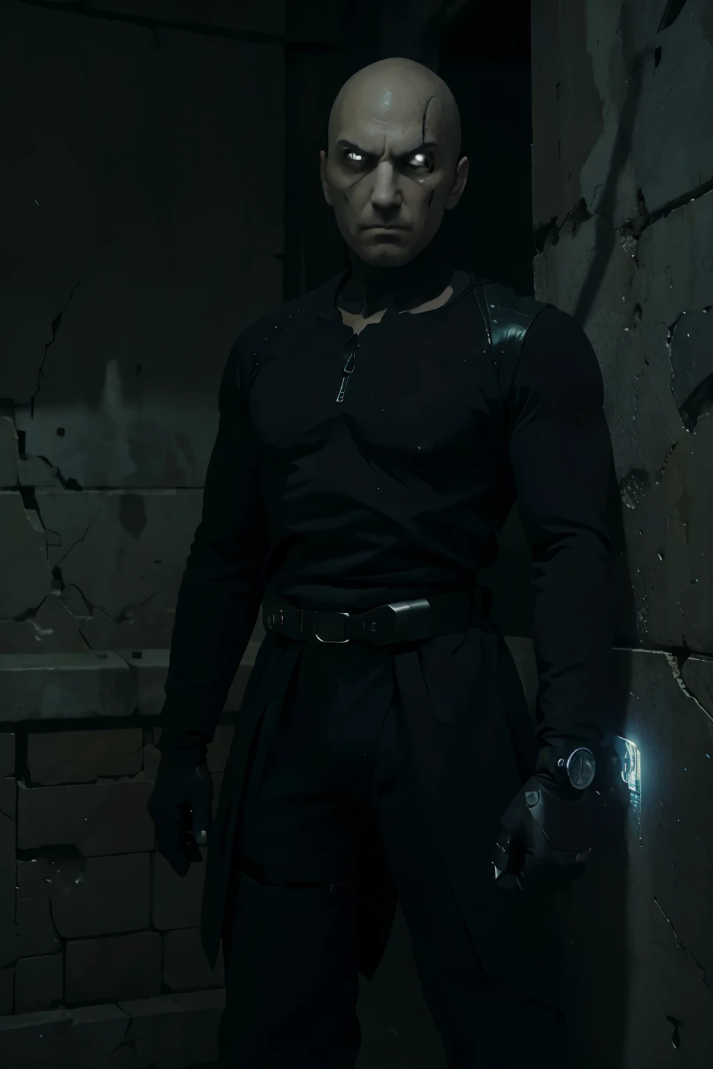 Gru but his right arm is replaced by a cyborg arm, he looks to the left and he's surrounded by shadows, he's dead serious with a vengeance look on his face, 2D Artstyle