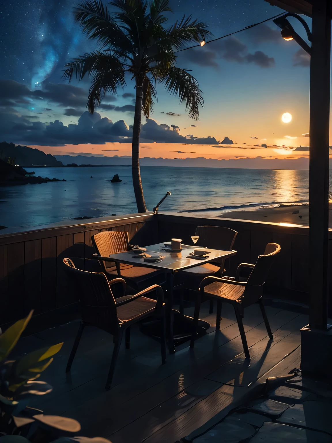 Create a serene and nostalgic night-time beach scene inspired by "Nostalgic Bossa Nights." The scene should feature:
- A calm ocean with gentle waves lapping against the shore.
- A sandy beach illuminated by the soft glow of the moon and stars.
- A small, cozy beachside cafe with warm, inviting lights and a few tables set up outside.
- In the background, silhouettes of palm trees swaying gently in the breeze.
- Subtle details such as a vintage record player playing bossa nova music, a couple dancing on the beach, or a guitar leaning against a chair.
- The overall mood should evoke a sense of tranquility, nostalgia, and romance, capturing the essence of a peaceful bossa nova night.
Use warm, soft colors to highlight the intimate and relaxed atmosphere.