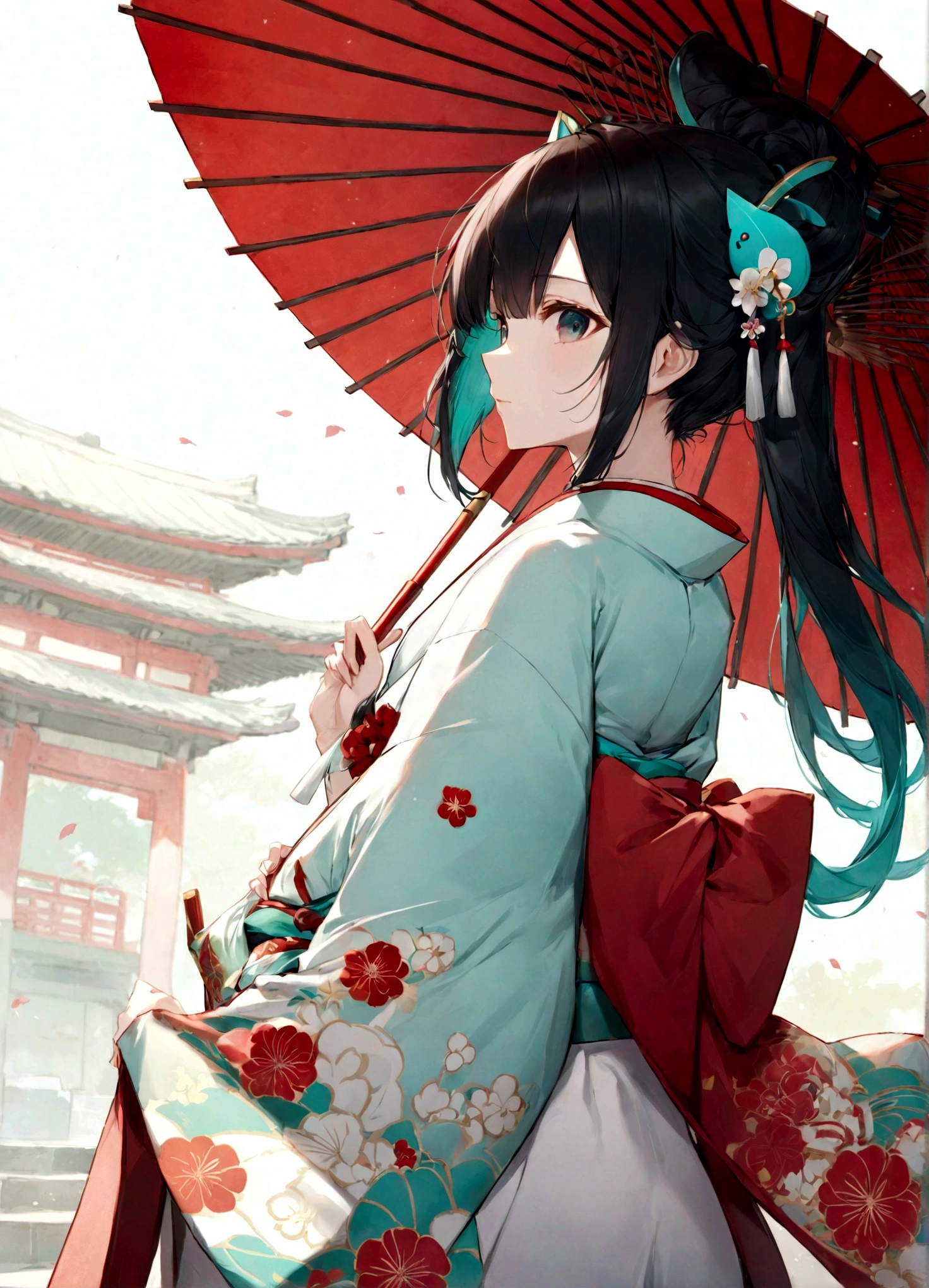 A woman in a kimono holding a parasol。Heian period。Red Umbrella。Standing with your back turned。Angle from the back。Hatsune Miku with black hair。
