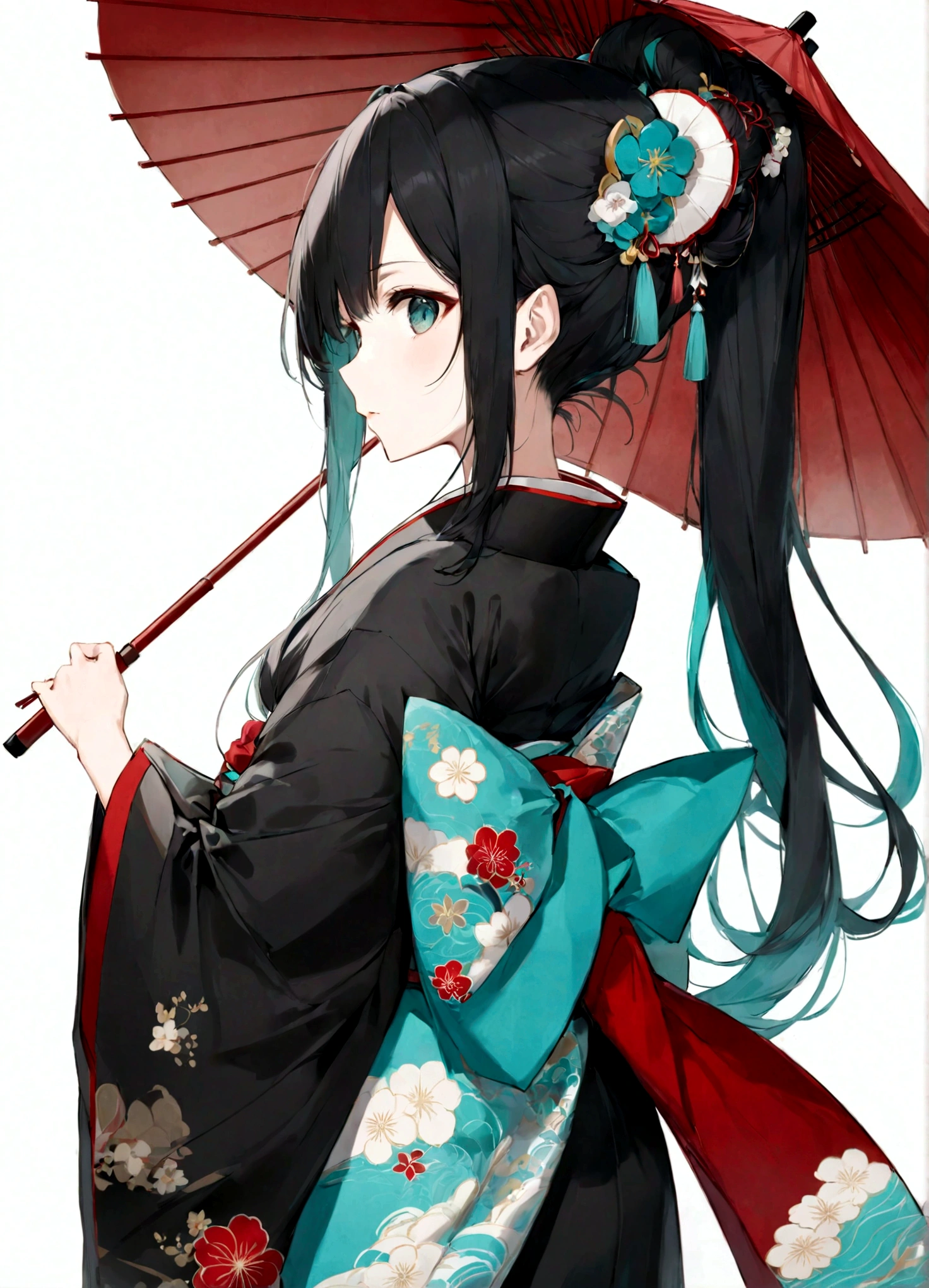 A woman in a kimono holding a parasol。Heian period。Red Umbrella。Standing with your back turned。Angle from the back。Hatsune Miku with black hair。