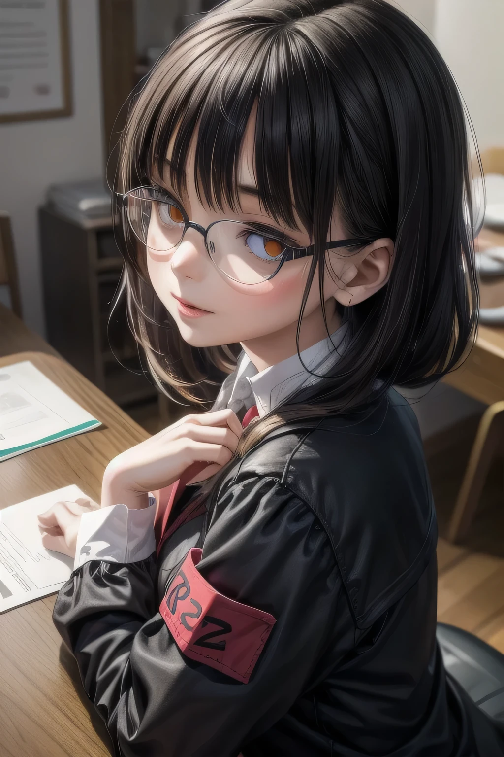 (Tabletop:1.0), (highest quality:1.4), (High resolution:1.2), From the side,Sharp contours,  boyish, highest quality, masterpiece,Glasses,Voice of the Heart,20-year-old woman,yandere,Big Breasts,Chest to chest,Lying face down,Upper Body,Ecstasy,saliva,blush,Squint your eyes,Heterochromia iridis,Tuck up your clothes,lure