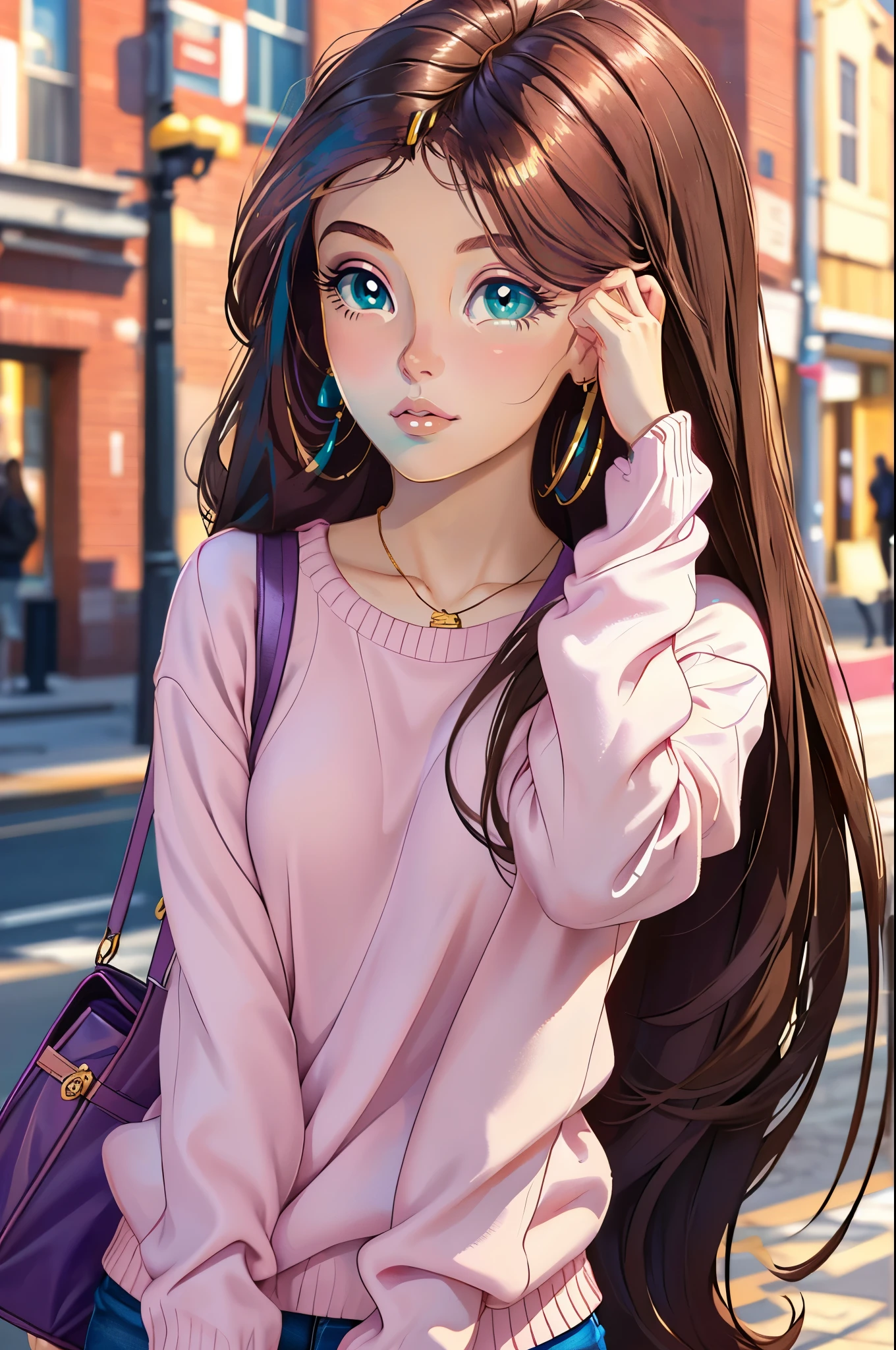 Girl, long straight brown hair, light brown eyes, white skin, pink lips, beautiful, calm, purple sweater