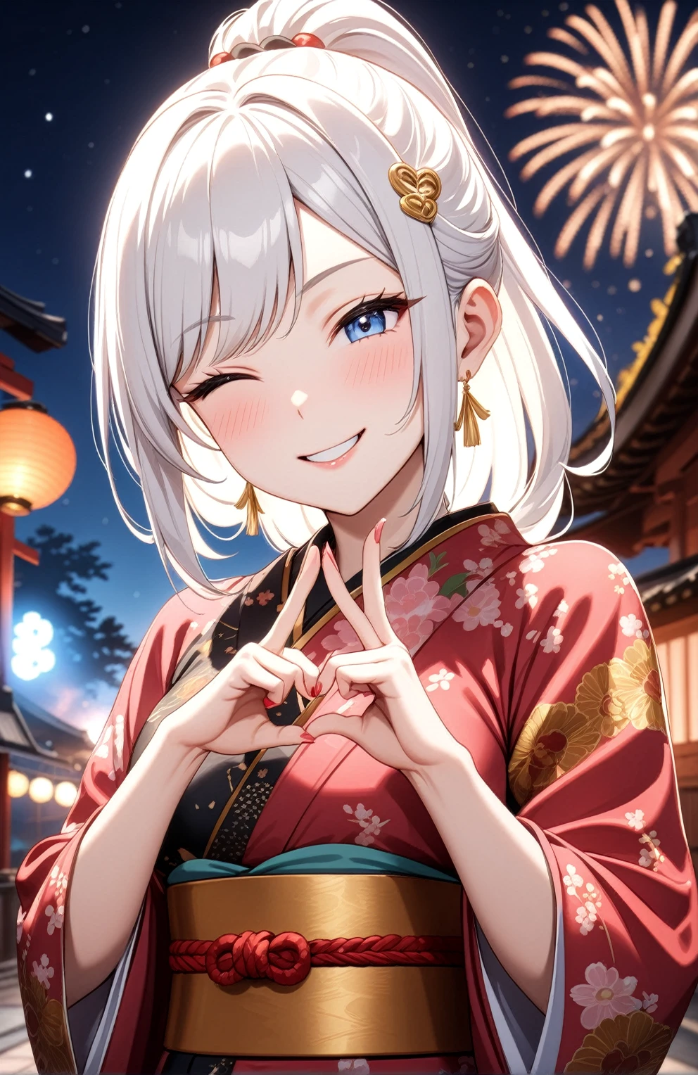 ((one person woman)), Beautiful Face,Laugh shyly,((Wink:2.0)),Laughing with your mouth open,turn bright red,Glossy pink lips,night,Japanese-style room of the shrine,firework,((Anime style background)),masterpiece, highest quality, so beautiful, Latest, Complex details, (Pink long nails),AI-generated, Complex,High resolution, highest quality, super high quality,3D Images、View your viewers、3D Images,one person,Long white hair,High Ponytail,blue eyes,Anime woman posing for a photo, [[fine grain、Colorful eyes、Shining Eyes:1.15]],(Squint your eyes:1.1),a hyperRealistic , hyperRealistic , Realistic,Anime woman with long and white hair, Smooth anime CG art, A woman in a colorful kimono with gold embroidery, (Black kimono),Red floral pattern,Long flower hair ornament,Big earrings,(Big Breasts:1.1),Mature Body,expensive,Big Ass,Fine details,Tight waist,Abdominal muscles,(Face close-up:1.4),Tilt your face,Shooting from an angle,(A woman making a heart hand sign with their hands in front of their chest:2.0)