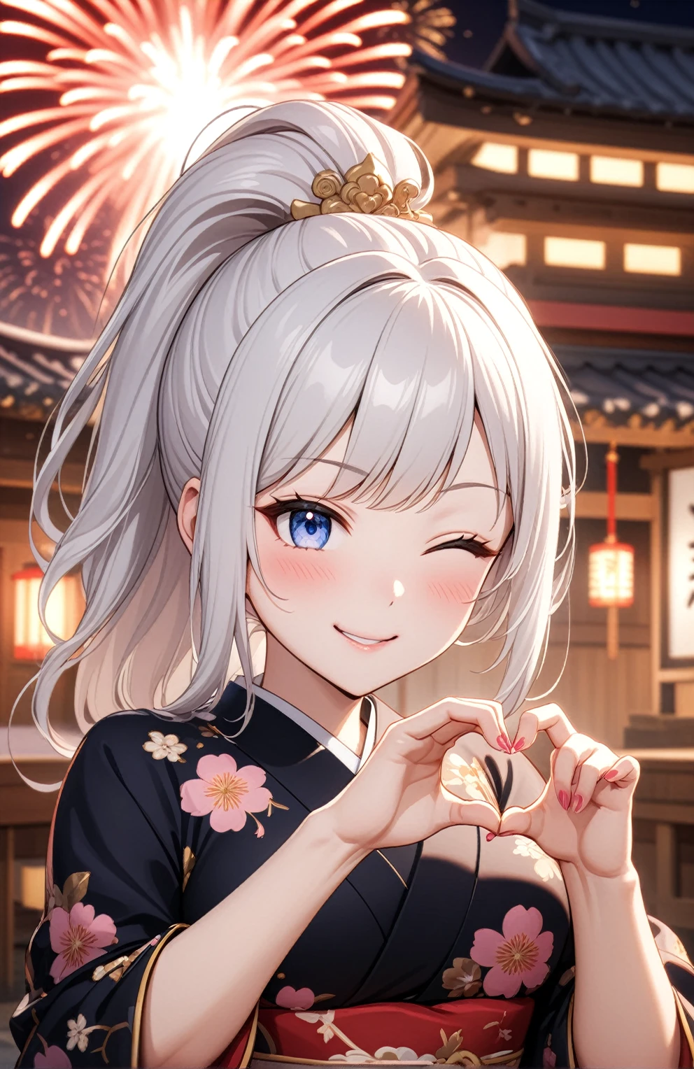 ((one person woman)), Beautiful Face,Laugh shyly,((Wink:2.0)),Laughing with your mouth open,turn bright red,Glossy pink lips,ht,Japanese-style room of the shrine,firework,((Anime style background)),masterpiece, highest quality, so beautiful, Latest, Complex details, (Pink long nails),AI-generated, Complex,High resolution, highest quality, super high quality,3D Images、View your viewers、3D Images,one person,Long white hair,High Ponytail,blue eyes,Anime woman posing for a photo, [[fine grain、Colorful eyes、Shining Eyes:1.15]],(Squint your eyes:1.1),a hyperRealistic , hyperRealistic , Realistic,Anime woman with long and white hair, Smooth anime CG art, A woman in a colorful kimono with gold embroidery, (Black kimono),Red floral pattern,Long flower hair ornament,Big earrings,(Big1),Mature Body,exe,Big Ass,Fine details,Tigwaist,Abdominal muscles,(Face close-up:1.4),Tilt your face,Shooting from an angle,(A woman making a heart hand sign with their hands in front of their chest:2.0)