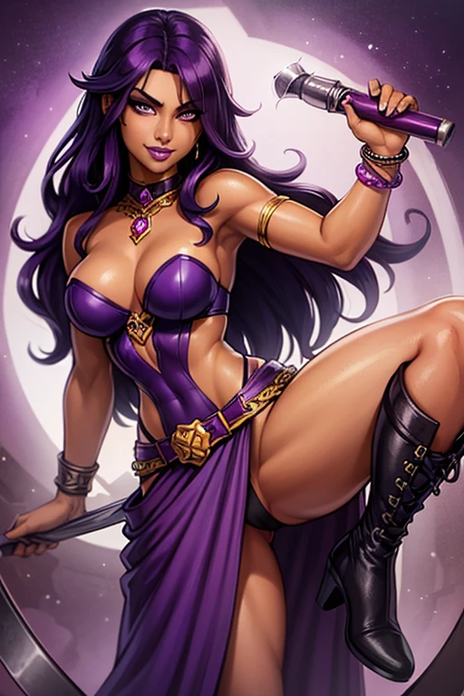 (best quality:1.3), (4K quality), (Detailed face:1.2), (Detailed eyes:1.2), solo, 1girl, 25 year old woman, sorceress, (dark skin:1.2), purple hair, wavy hair, long hair, purple eyes, mascaras, purple eyeshadow, smile, purple lipstick, tattoos, medium breasts, waist, slender legs, attractive body, slim figure, perfect shape, (Wearing: purple strapless dress, pelvic curtain, bracelets, long thick boots), looking at viewer, holding a magical stuff