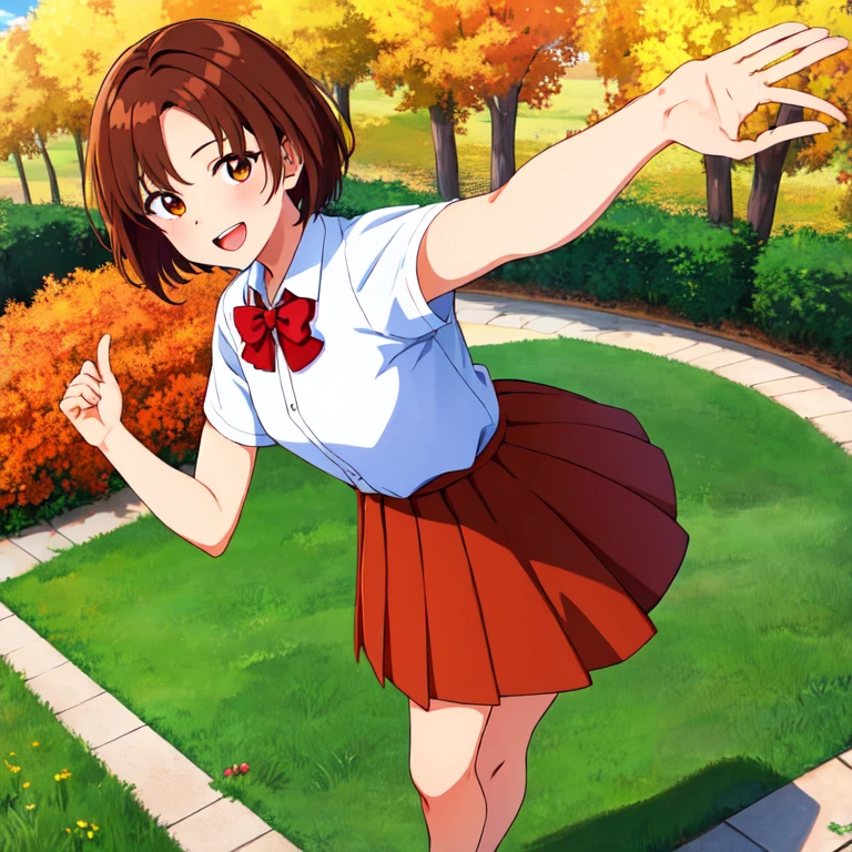 (masterpiece, highest quality:1.2), High resolution, One girl, alone, smile, Open your mouth, Upper teeth, Happy, ^ ^, 
Chinatsu_Nishio_v1, Brown Hair, short hair, Swept-apart bangs, Brown eyes, 
, White shirt, Short sleeve, Red Bow, Blue Skirt, Pleated skirt, 
Are standing, Raise your hand, Raise your arms, 
Outdoor, School, View Viewer, In-person audience, 
