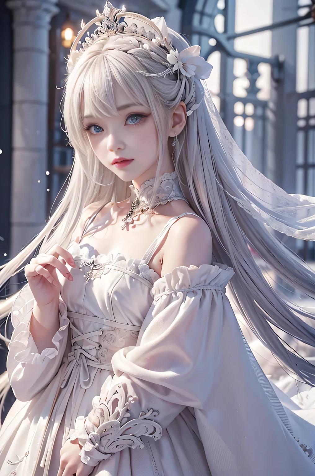 ((masterpiece:1.5,highest quality,Highly detailed images,Beautiful images、Realistic、Photorealistic、2.5D))(1girl, solo)(cute girl 、Asian Cute Girls、 medium breasts, white hair, purple eyes、Small Head、Beautiful big eyes、Sharp jaw、Small Nose、Narrow waist、Thin legs、Ideal body type、The collarbone is beautiful)(ta fashion、Cape、Monotone clothes、Snow Field、Gothic Style)(Beautiful, shining hair, floating hair)(heavy snow、dead tree)