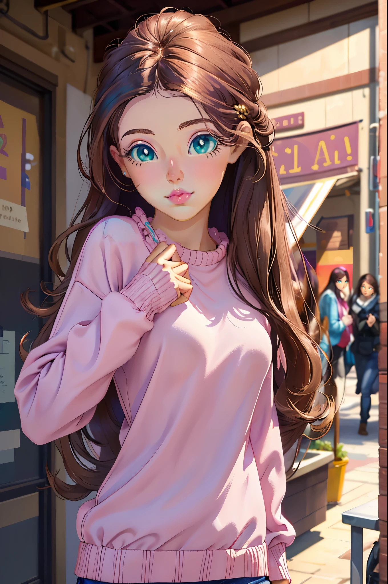 Girl, long straight brown hair, light brown eyes, white skin, pink lips, beautiful, calm, purple sweater