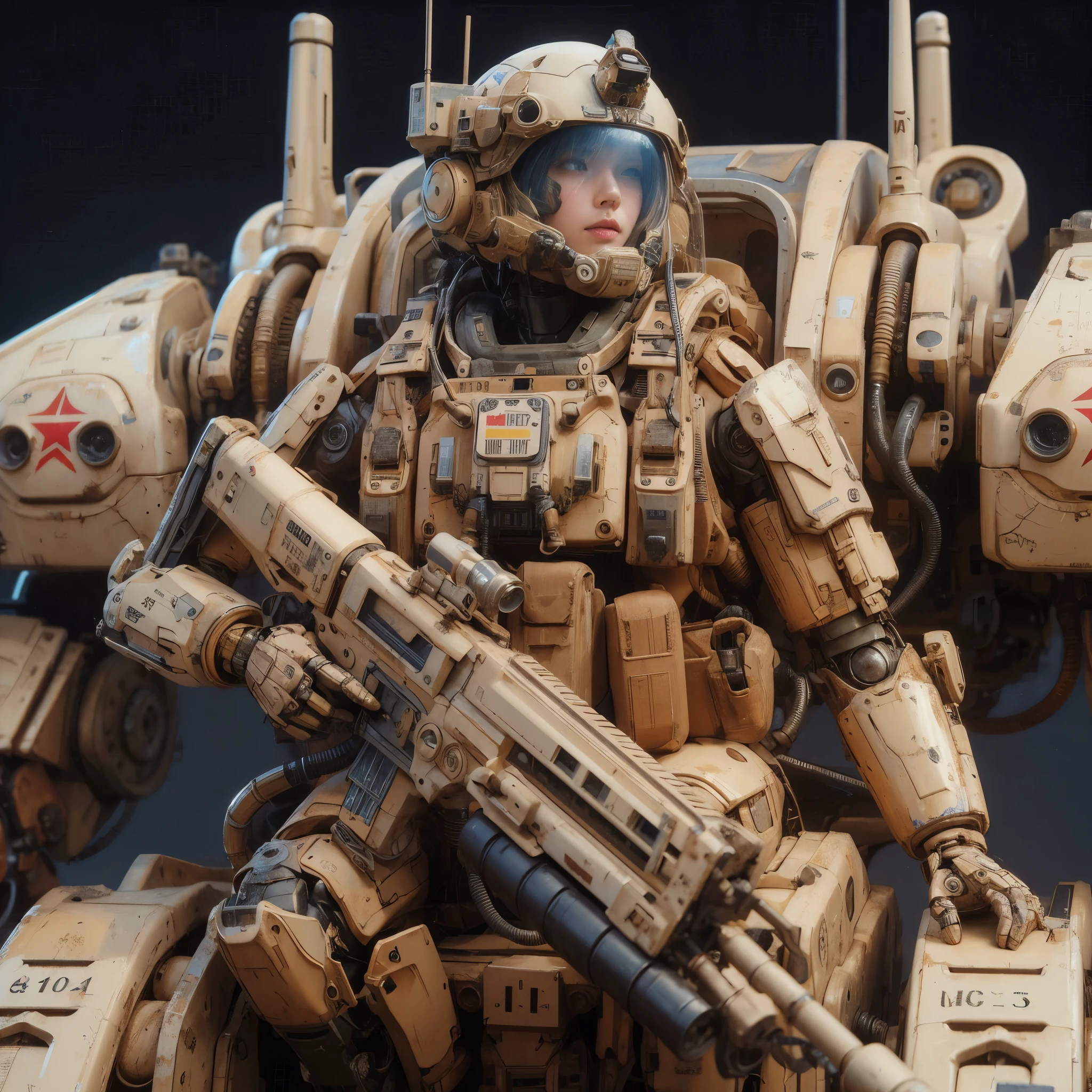 8k,Realistic Skin Texture、Superrealism、Realistic Photo、In the near future, a Japanese-American female pilot in the U.S. military sits in a cockpit installed in the abdomen of a large robot.、Damaged sand beige battle armor robot、A painted fox mark on the armor、Near-future、Painting of the unit and identification number、Peeling paint、Oil stains、Detailed Description、Dynamic pose、Armored Core