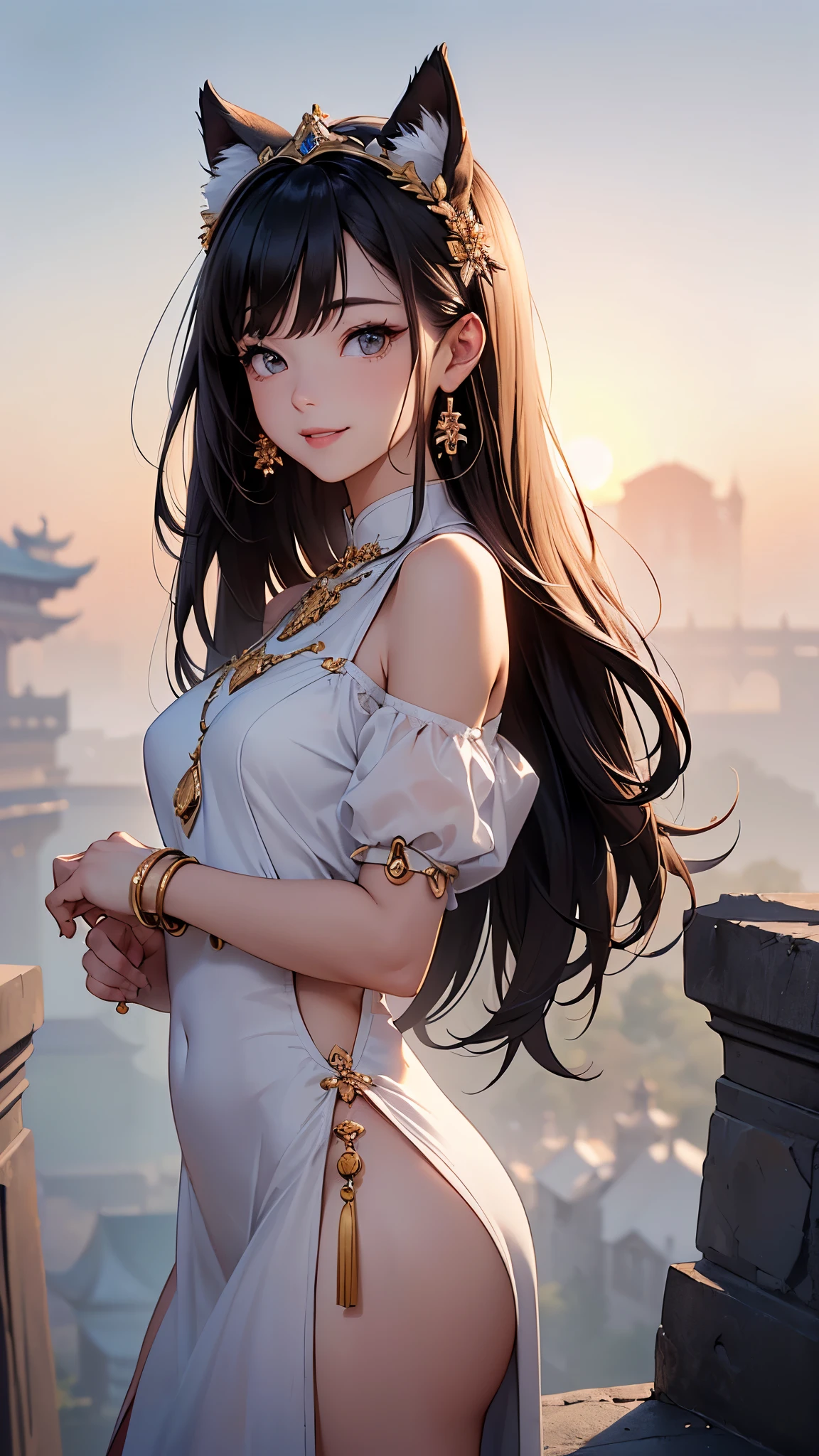 ((Biologically correct limb count))、((Full Body Shot, Full-body photo including face、Head to toe photos))、4K、masterpiece、((Focus on the face))、((Symmetrical facial features))、Eyes of meticulous depiction、Four beautiful women、Excellent style、Beautiful feet、(stockings、High heels with anklets）、Detailed depiction of the face、Small earrings、necklace、((Close-up photo of the upper body))、(China dress）、sunset、（Low - Angle）、(smile)、((Scenery of the old castle、Thick morning fog all around)、I can&#39;t see anything around me)、