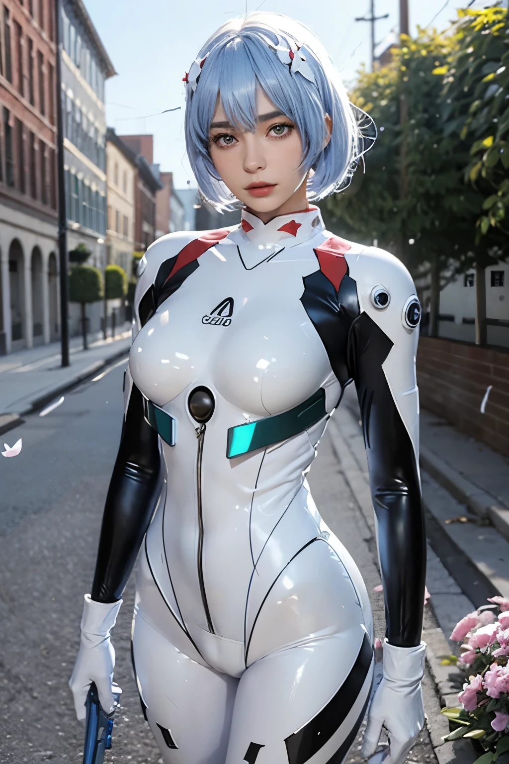 (realistic, photorealistic), ayanami_rei, 1girl, blue short hair, white hair ornament, ((white bodysuit, gloves)), thighs, upper body,(cowboy shot),(masterpiece, high quality, best quality), (colorful),(delicate eyes and face), volumatic light, ray tracing, extremely detailed CG unity 8k wallpaper,solo((flying petal)),outdoors, blue sky, clouds, daytime, day, cityscape, streets, flowers, green plants