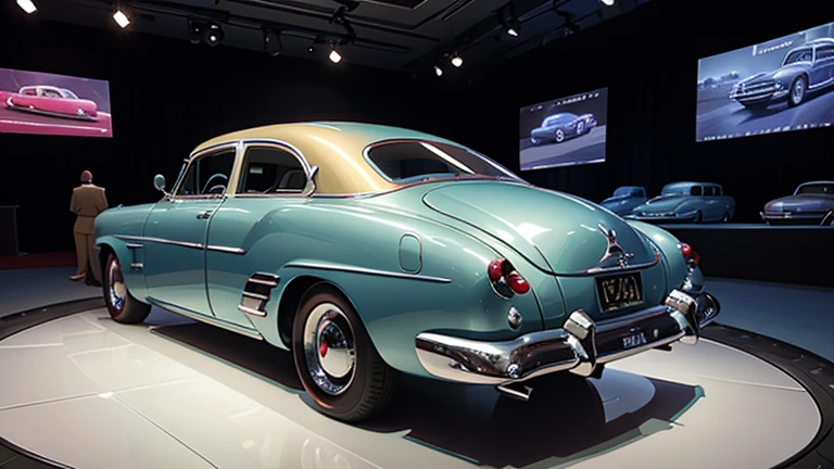 1 car, 1950s style, luxury sedan, rear view, fantasy, futuristic 
