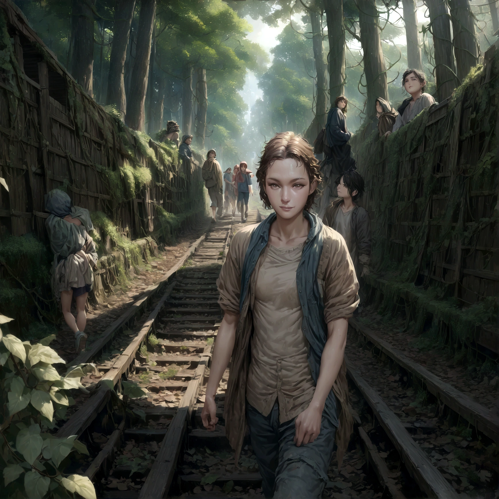((masterpiece)),((best quality)),((high detail)),((realistic,)) four homeless best friends people {2 girls} {2 Boys} old dirty cloths, messy hair, walking down an abandoned railroad, smiling, one balancing on the train track while walking,anime,4k,just them,trees on both sides,vines overgrowing