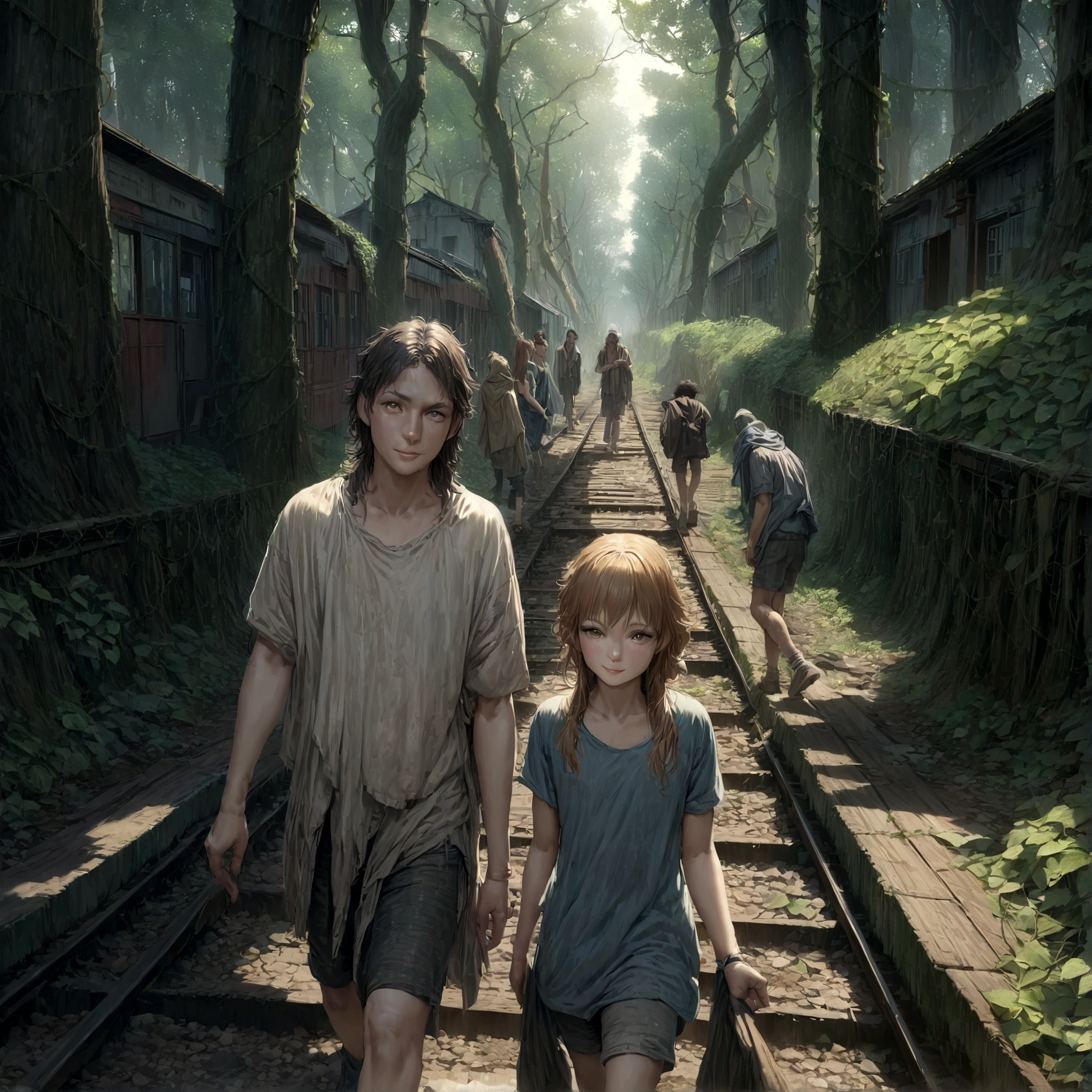 ((masterpiece)),((best quality)),((high detail)),((realistic,)) four homeless best friends people {2 girls} {2 Boys} old dirty cloths, messy hair, walking down an abandoned railroad, smiling, one balancing on the train track while walking,anime,4k,just them,trees on both sides,vines overgrowing