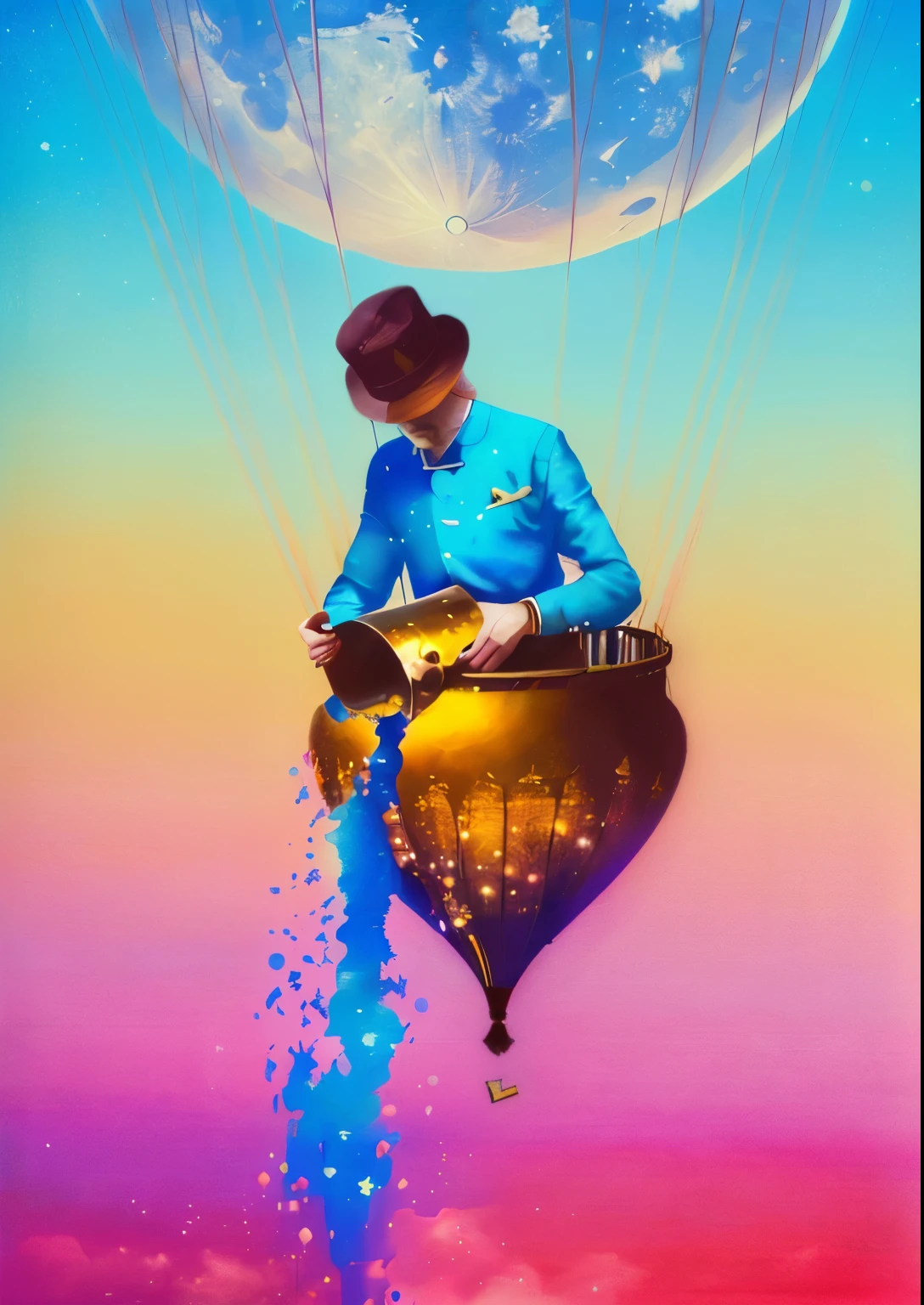 arafed man in a hat and blue shirt flying in a hot air balloon, surreal illustration, inspired by Catrin Welz-Stein, surreal collage, slicing the air. pop surrealism, surreal art, surreal tears from the moon, surrealistic digital artwork, surreal style, magically shaped surrealism, collage style joseba elorza, emotional surrealist art