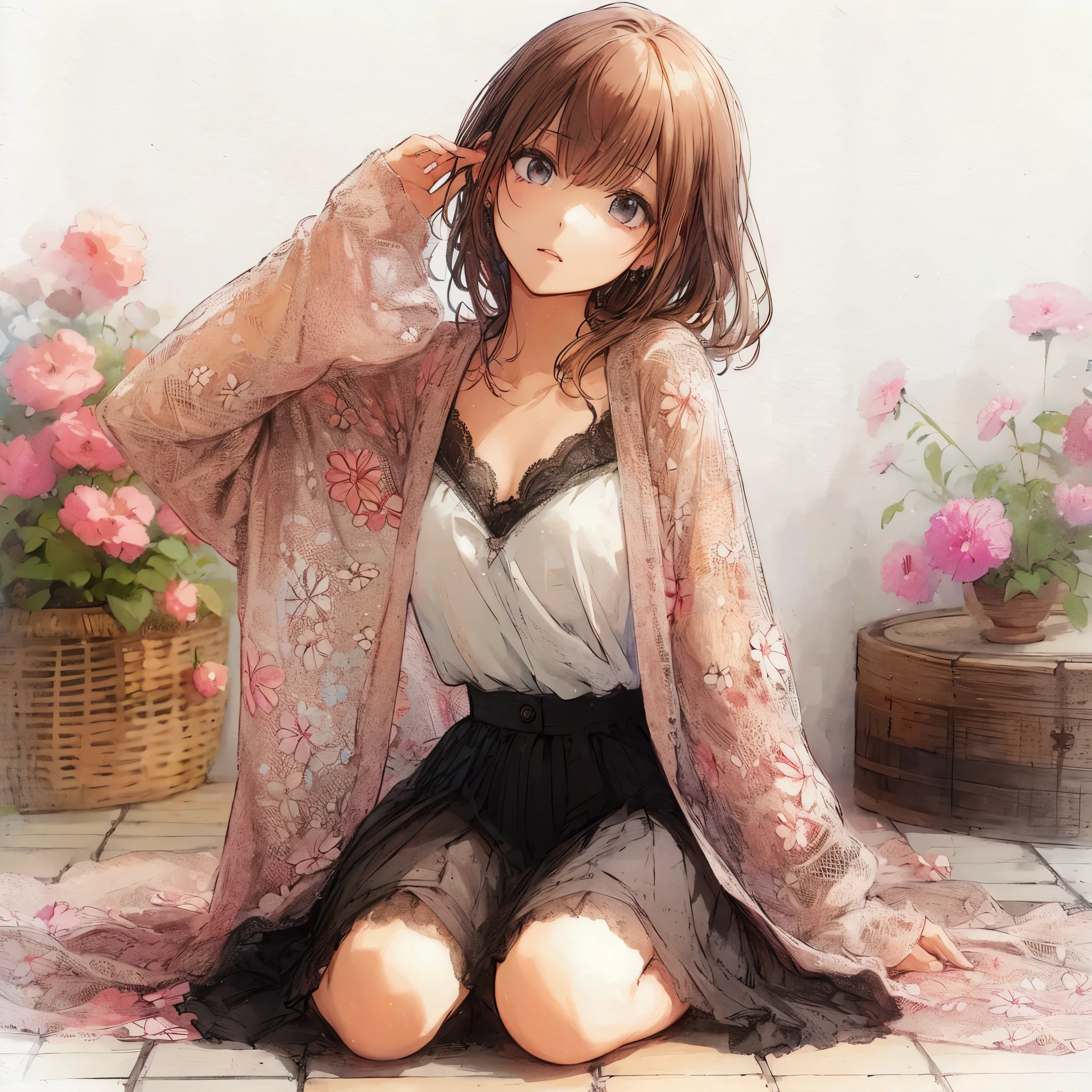 Official art using high-quality hand-drawn watercolor sketch techniques. (best quality,4k,8k,highres,masterpiece:1.2),ultra-detailed,beautiful detailed gray eyes,A girl with beautiful eyes, everyone, beautiful anime girl, cute anime girl, smooth anime art, anime style, elegant colors, soft lighting, delicate beautiful wet eyes, very coquettish, (beautiful large breast:1.2), (correct hands:1.2),