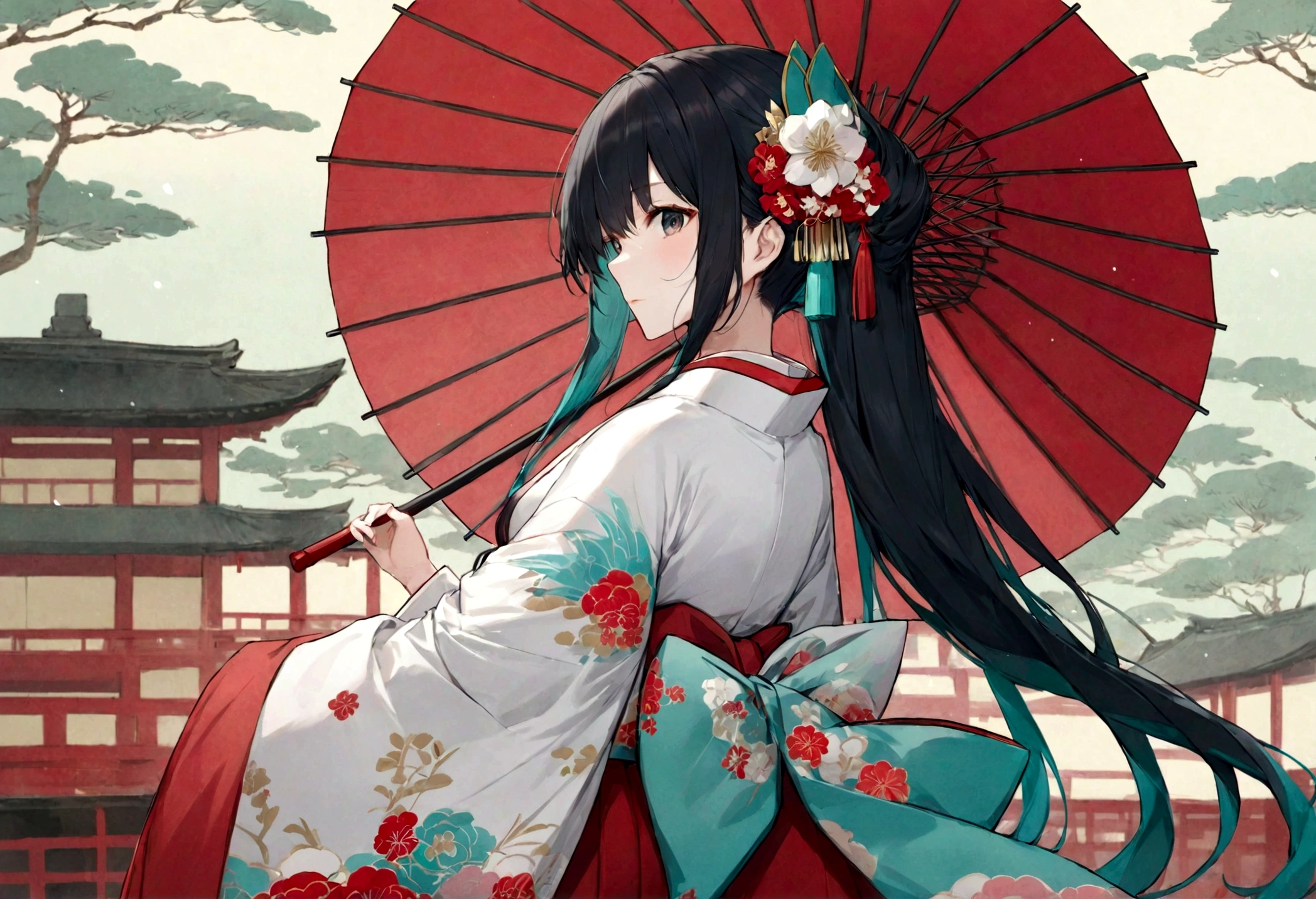 A woman in a kimono holding a parasol。Heian period。Red Umbrella。Standing with your back turned。Angle from the back。Hatsune Miku with black hair。