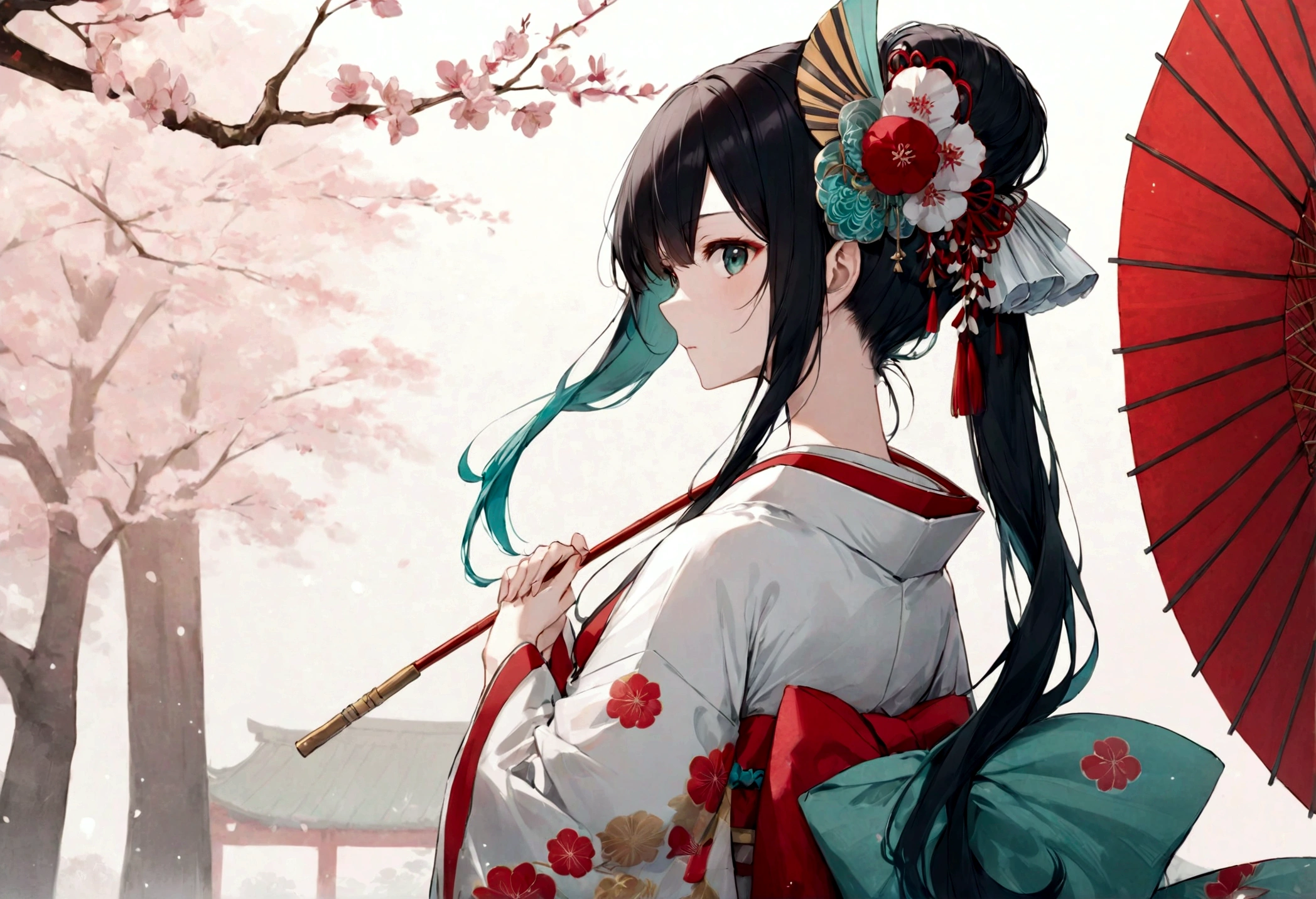A woman in a kimono holding a parasol。Heian period。Red Umbrella。Standing with your back turned。Angle from the back。Hatsune Miku with black hair。