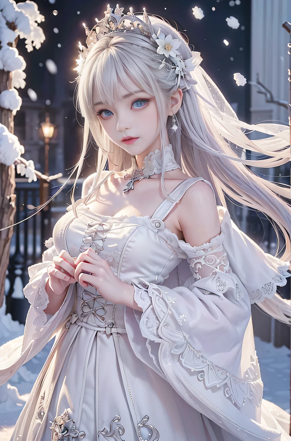 ((masterpiece:1.5,highest quality,Highly detailed images,Beautiful images、Realistic、Photorealistic、2.5D))(1girl, solo)(cute girl 、Asian Cute Girls、 medium breasts, white hair, purple eyes、Small Head、Beautiful big eyes、Sharp jaw、Small Nose、Narrow waist、Thin legs、Ideal body type、The collarbone is beautiful)(ta fashion、Cape、Monotone clothes、Snow Field、Gothic Style)(Beautiful, shining hair, floating hair)(heavy snow、dead tree)