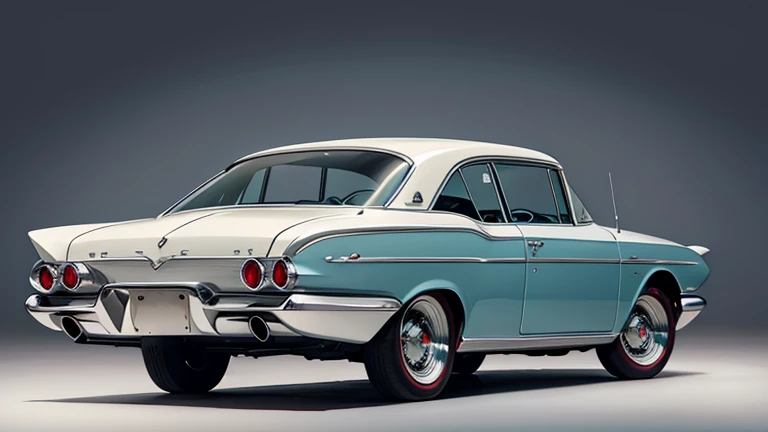 1 car, 1960s style, luxury sedan, rear view, fantasy, futuristic