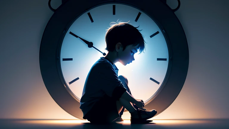 Subdued blue background、Clock on the left:0.8、Silhouette of a child sitting on the right side with his knees held:0.2、Particles of light are emitted from the silhouette of a 。