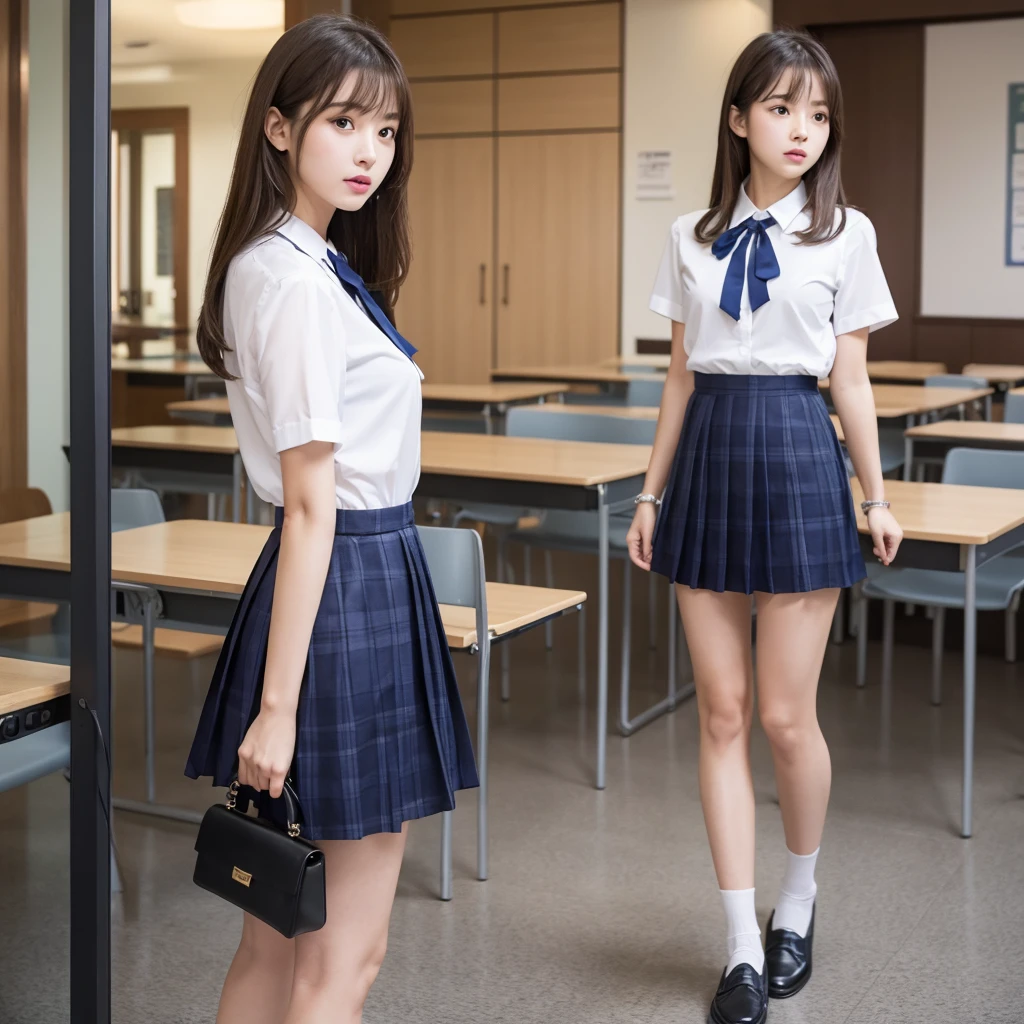 Browsing Caution, 8K Raw Photos, highest quality, masterpiece, Ultra-high resolution, Film Grain, movie, One girl, whole body、View Viewer, Natural skin texture, Realistic eye and facial details, full lips, lipstick, (compensate), Red eyeshadow, Smooth, long, straight hair, Black Hair, anxiety, glimpsing, I am going to cry, clench your mouth, beautiful feetが長い,feetの肌、Navy Blue Uniform、Blue ribbon、Tall Woman, skinny, slim_feet, alone, Small breasts, Pose for yourself, mini skirt, teeth, Cream colored shirt, Beautiful natural place, classroom, (Detailed Background), Black patterned skirt, White shirt, Normal chest, Girls' , Show a little cleavage through the shirt, loafers, Blurred background, Blurred, Holding, Plaid, Short sleeve, JK Ribbon on the neck, JK Ribbon, Brown Hair, bracelet, water, bangs, parted lips, lips, From the side, Pleated skirt, Depth of written boundary