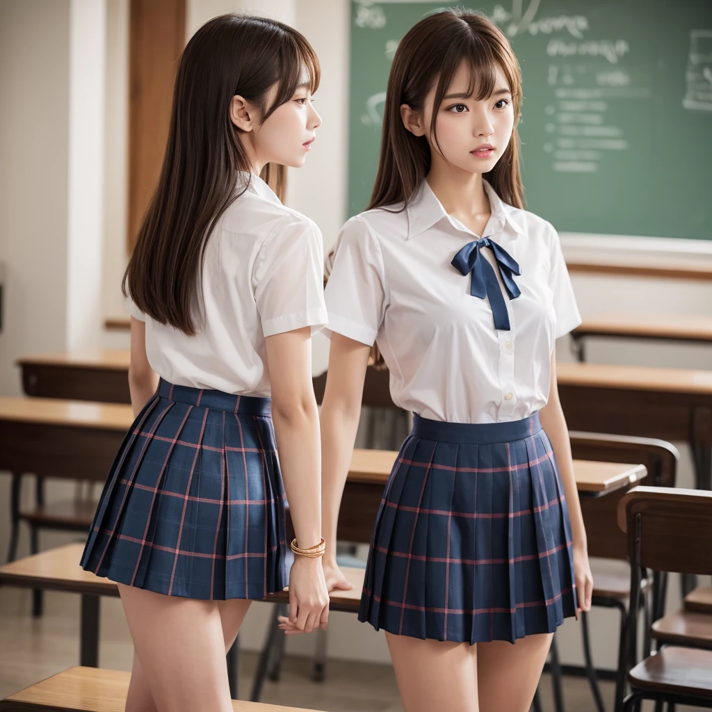 Browsing Caution, 8K Raw Photos, highest quality, masterpiece, Ultra-high resolution, Film Grain, movie, One girl, whole body、View Viewer, Natural skin texture, Realistic eye and facial details, full lips, lipstick, (compensate), Red eyeshadow, Smooth, long, straight hair, Black Hair, anxiety, glimpsing, I am going to cry, clench your mouth, beautiful feetが長い,feetの肌、Navy Blue Uniform、Blue ribbon、Tall Woman, skinny, slim_feet, alone, Small breasts, Pose for yourself, mini skirt, teeth, Cream colored shirt, Beautiful natural place, classroom, (Detailed Background), Black patterned skirt, White shirt, Normal chest, Girls' , Show a little cleavage through the shirt, loafers, Blurred background, Blurred, Holding, Plaid, Short sleeve, JK Ribbon on the neck, JK Ribbon, Brown Hair, bracelet, water, bangs, parted lips, lips, From the side, Pleated skirt, Depth of written boundary