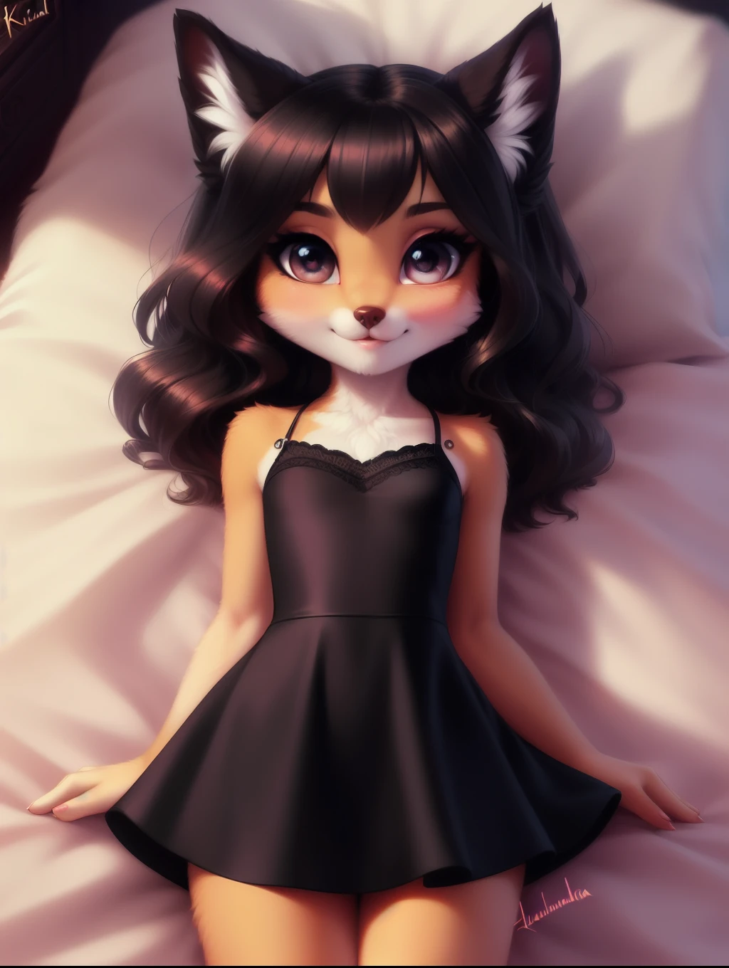 beautiful and detailed upper body portrait , ((young 13 year old anthro domistic canine, tight black dress)), anatomically correct, Schlank, Hochgeladen E621, detailed flauschige fur, (von Fluff-Kevlar, Iskra, personalami, Pino Daeni), 1girl, adorable, bedroll , 1girl, realistic, ultra sharp image, view from above, (solo), highly detailed, first person view, masterpiece, (lying on her back), flat chest, medium length hair, dark messy hair, perfect eyes, absurd resolution, cute snout, eyelashes, (kissy face), (Kissing mouth), young girl, detailed facial features, sharp focus, selfie, ((full body 1:2)), fluffy tail, blushing, lewd,