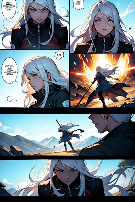 Girl with long white hair kicking someone's face during a fight, manga page with panels and dialogue 
