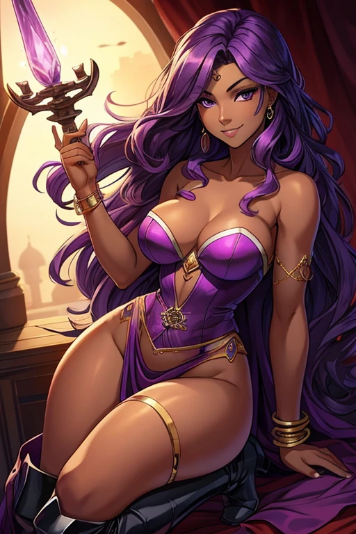 (best quality:1.3), (4K quality), (Detailed face:1.2), (Detailed eyes:1.2), solo, 1girl, 25 year old woman, sorceress, (dark skin:1.2), purple hair, wavy hair, long hair, purple eyes, mascaras, purple eyeshadow, smile, purple lipstick, tattoos, medium breasts, waist, slender legs, attractive body, slim figure, perfect shape, (Wearing: purple strapless dress, split side, bracelets, long thick boots), looking at viewer, holding a magical stuff