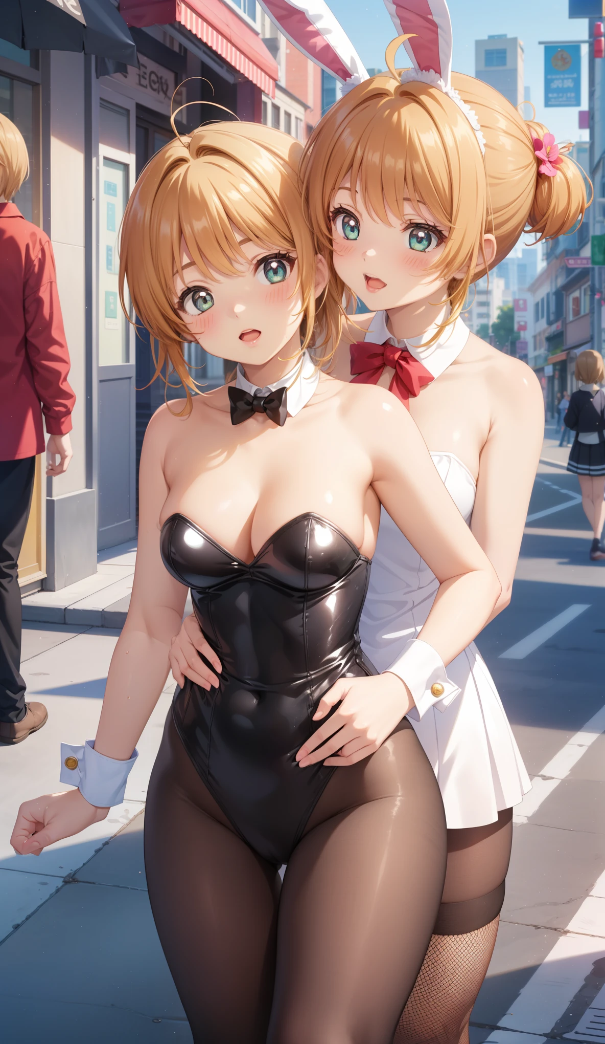 masterpiece, best quality, highres, (2girls), (multiple girls), detailed face, blush, anime CG style, (medium breasts), (18 year old girl:1.3), (aged up), good lighting, perfect body, sakura kinomoto, glossy lips, city street, strapless leotard, detached collar, wrist cuffs, (white fishnet tights), bunny ears, (curvy)