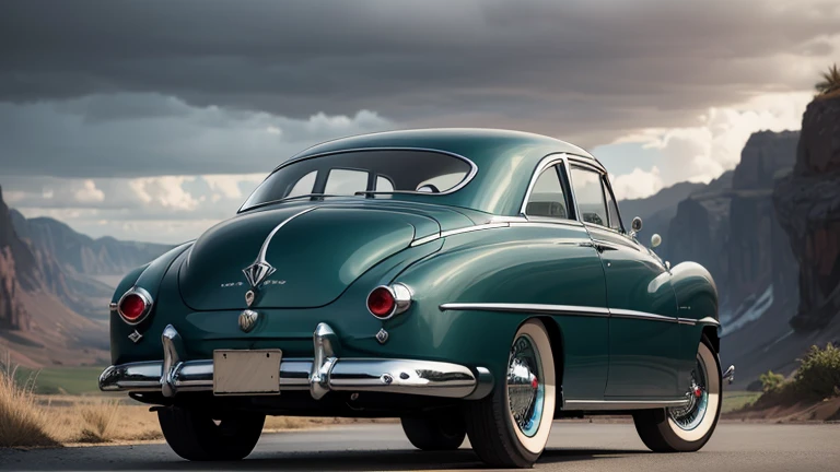 1 car, 1950s style, luxury sedan, rear view, fantasy, futuristic