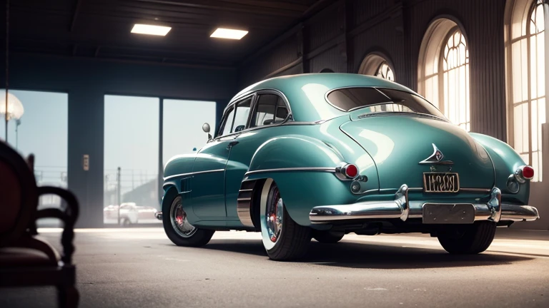 1 car, 1950s style, luxury sedan, rear view, fantasy, futuristic 