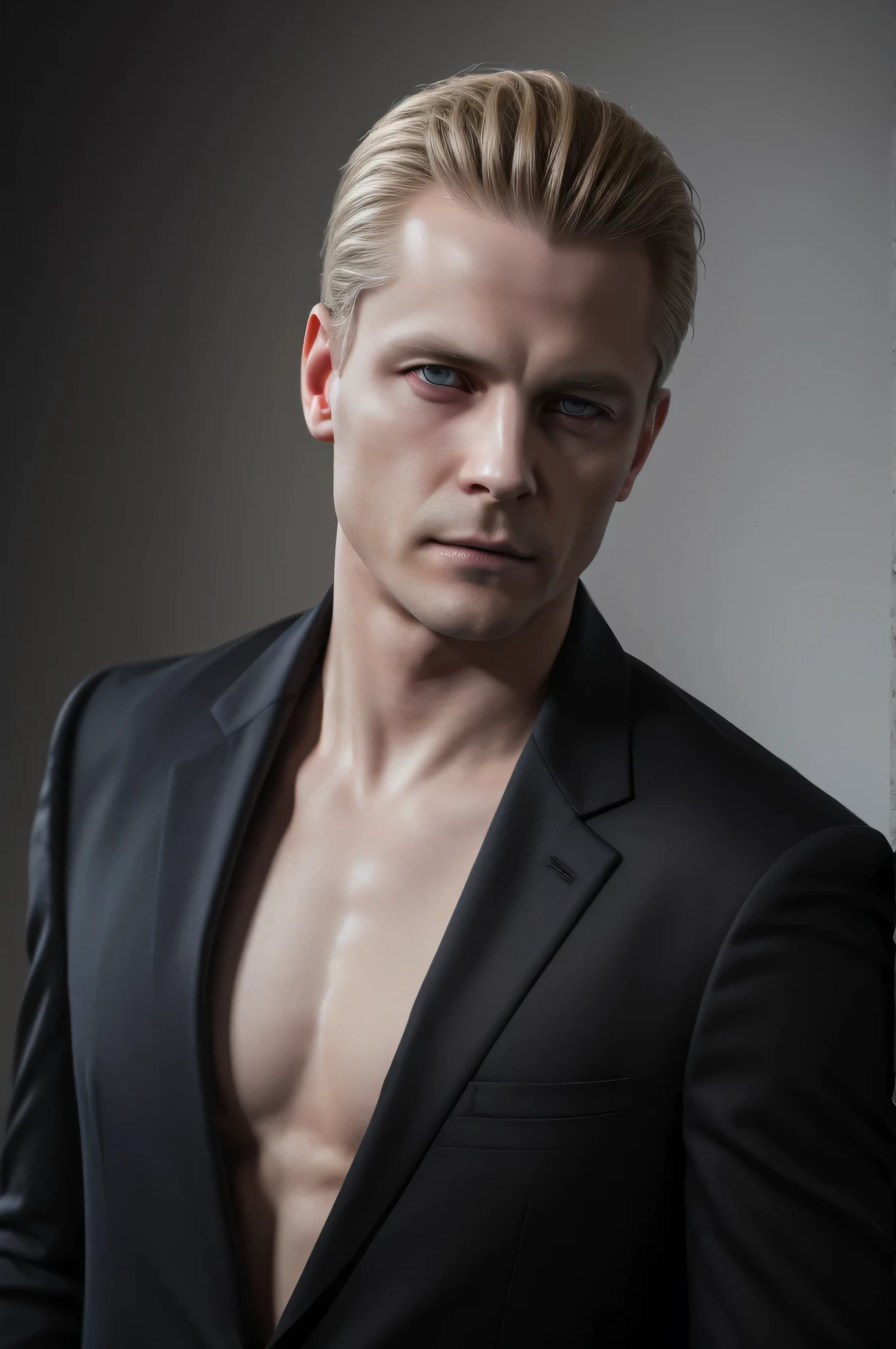 Photo of an old very handsome white pale man short hair ,40 years old,muscular ,,blue eyes , short blonde hair,wearing black ,masterpiece , best quality, photorealistic, Exceptional detail, dramatic lighting, 8k, wearing black open shirt, blur back ground , sharp look ,simple  background , soft light,wearing black,black suit,(( black suit)),shirtless