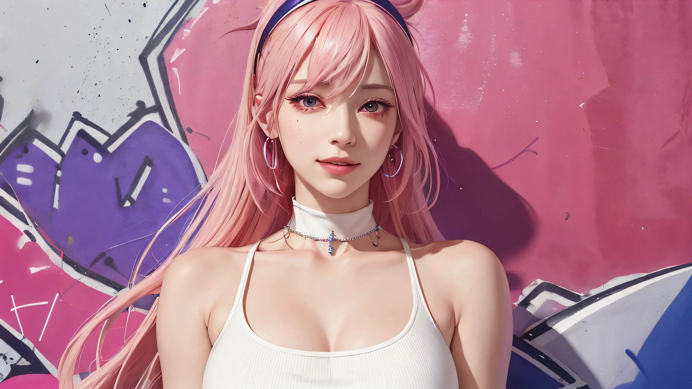 (Masterpiece, best quality, 1 girl, alone, complicated details, Chromatic aberration), realistic, ((Moderate breath)),long hair, pink hair, Red headpiece, Pink Highlights, hair on one eye,purple eyes, earring, sharp eyes, choker, Neon coat, She wears a collar, bangle, and kimono style garters., crop top, (symmetrical eyes),(Perfect symmetrical body),against the wall, Brick wall, (colorful graffiti words on the wall:1.2), The light is dim., alley ,Look at the viewer.、Dig the chest、smile、(sleeveless、Navel touch、Fitted turtleneck.)、street string hot pants、Thin bottom、Please build above the eaves..、Thin shoulders、in underwear、
