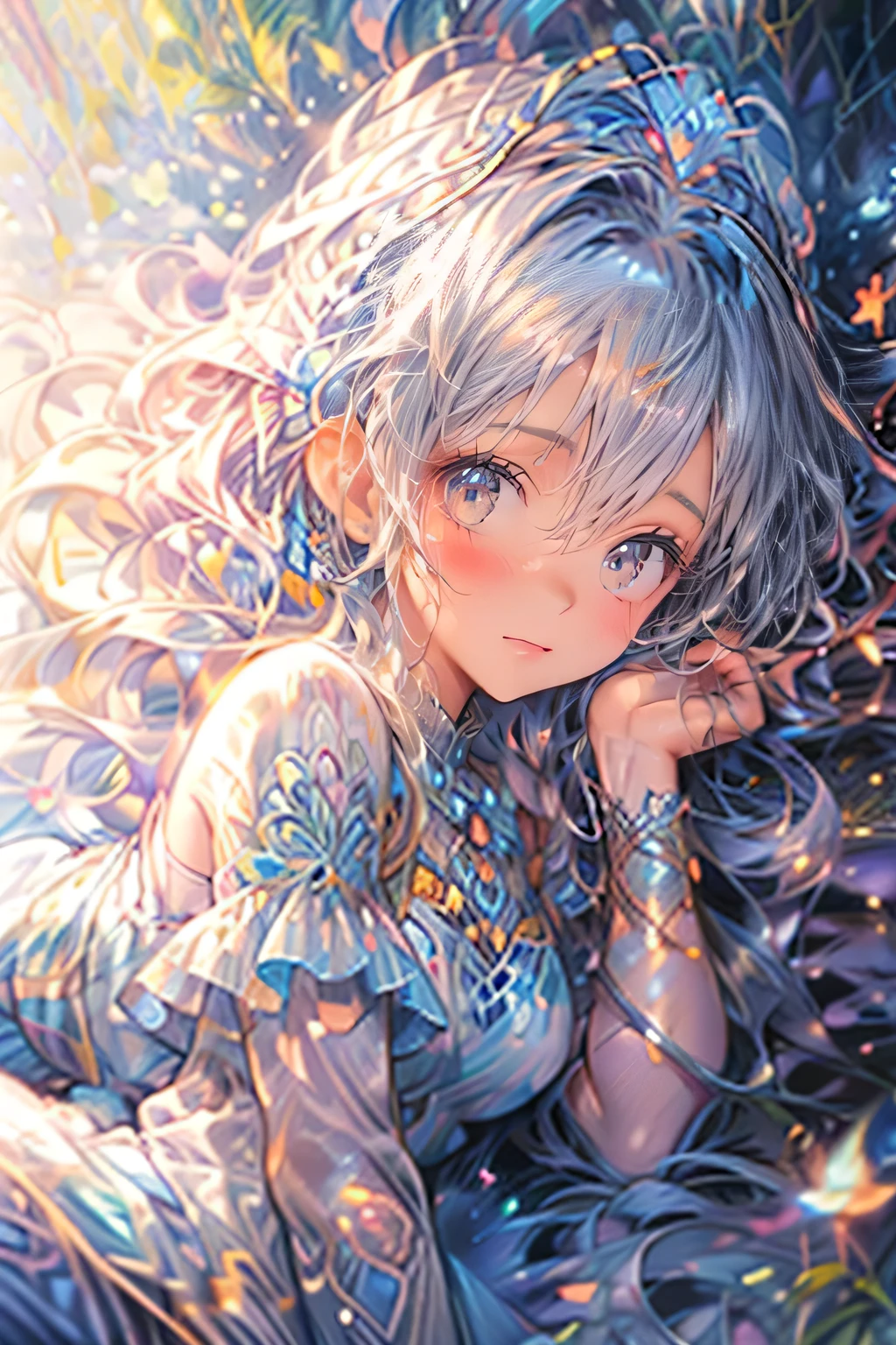 fantasic illustration, masterpiece:1.2, highest quality, highres, 16k, beautiful detailed, ultra-realistic, photo realistic:1.37, beautiful cute
firefly spirit princess, lying back in meadow lake, growing golden eyes, shining pupils, blushed cheek, shiny rosy lips, beautiful delicate(hair, face, eyes, pupils,dress), middle breasts