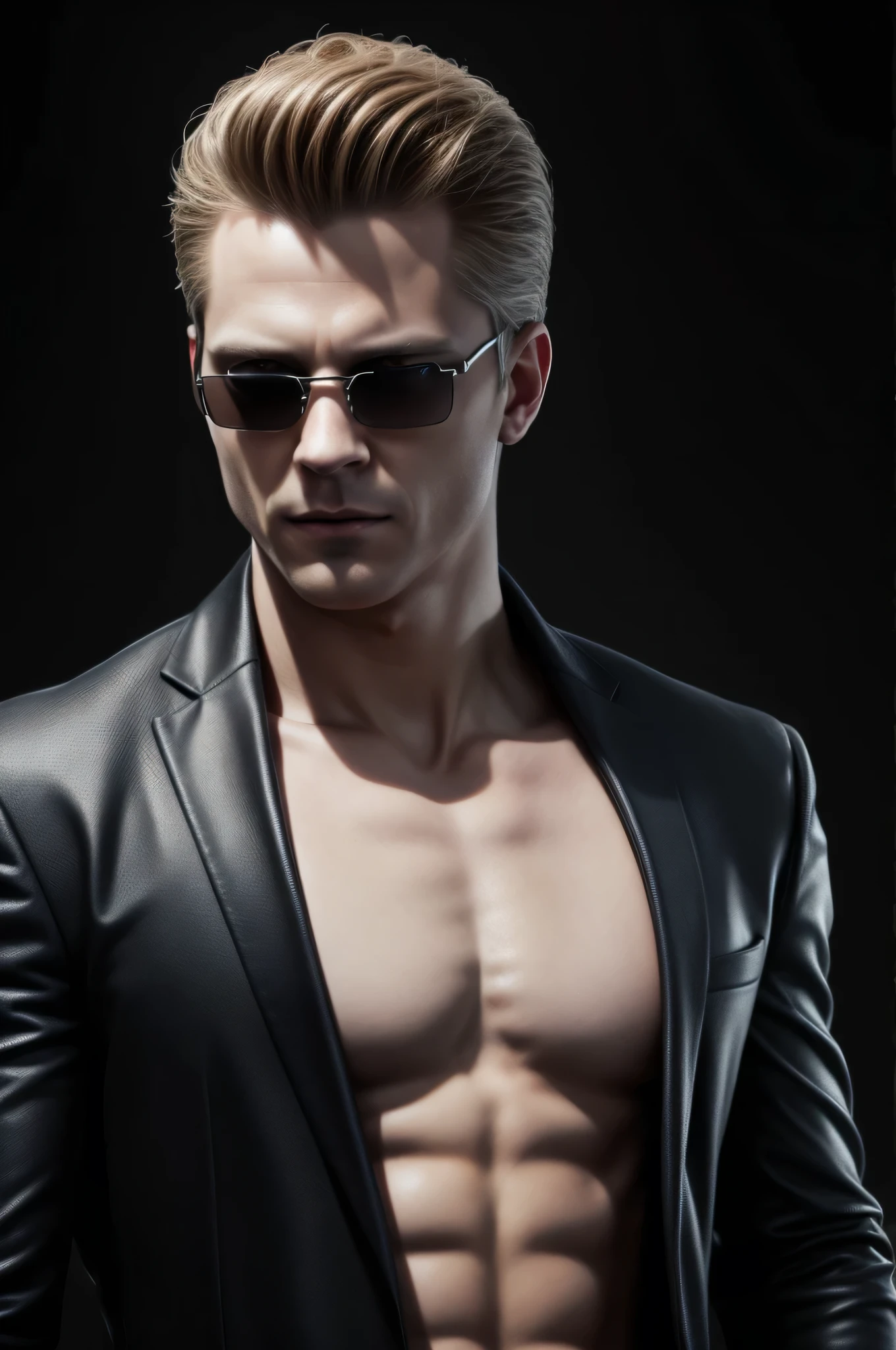 arafed man with a black open-suit shirtless, muscular and blue eyes,40 years, blond hair realistic digital painting,  fantasy art portrait, tom bagshaw weta studio,, fantasy concept art portrait,very realistic digital art, beautiful digital painting, black background, blur, simple background,portrait, soft,black-sunglasess