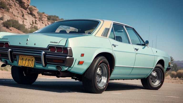 1 car, 1970s style, luxury sedan, rear view, fantasy, futuristic