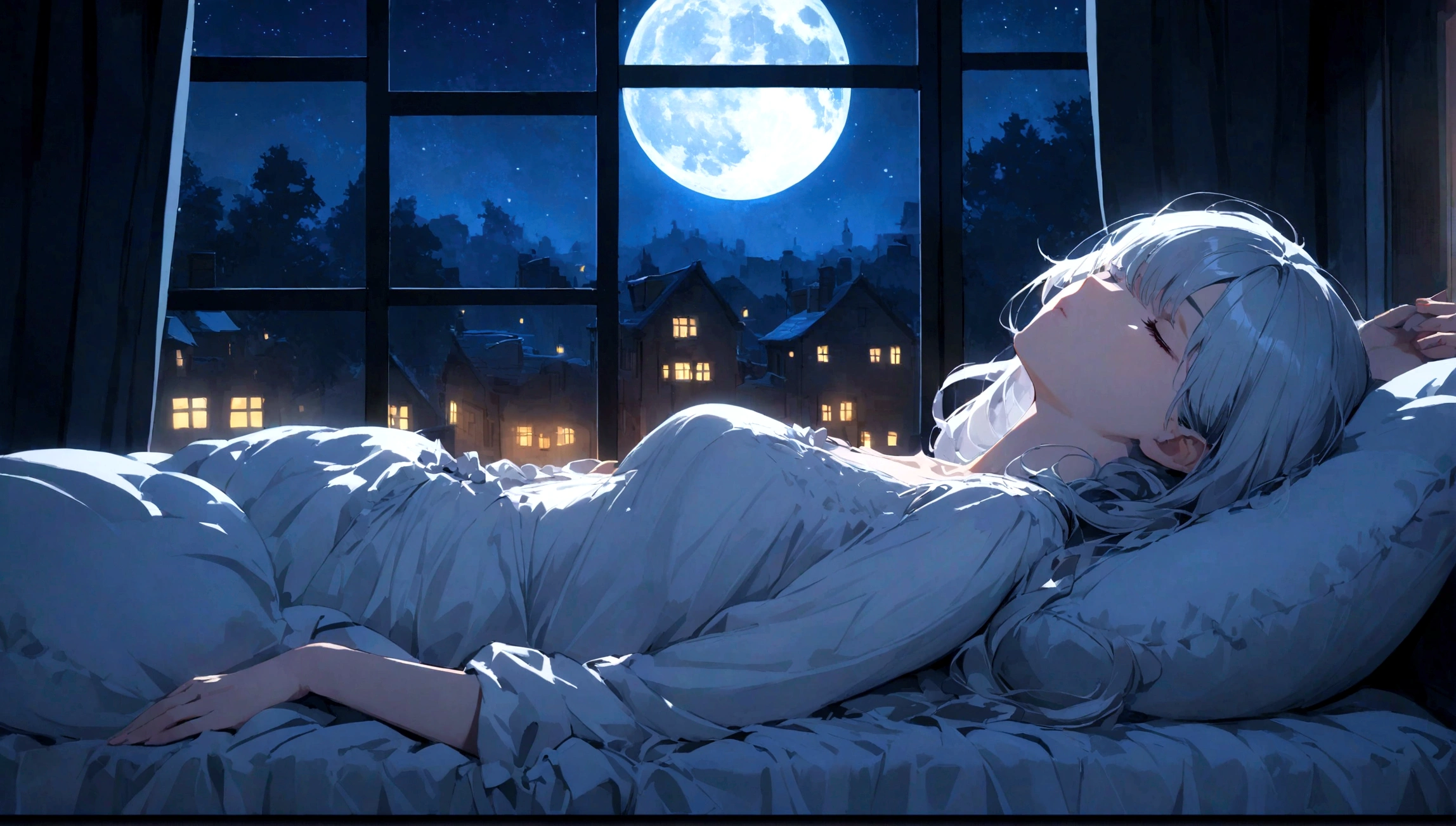Beautiful woman sleeping on a pillow ,A window with a beautiful view, Night Sky, star, full moon.