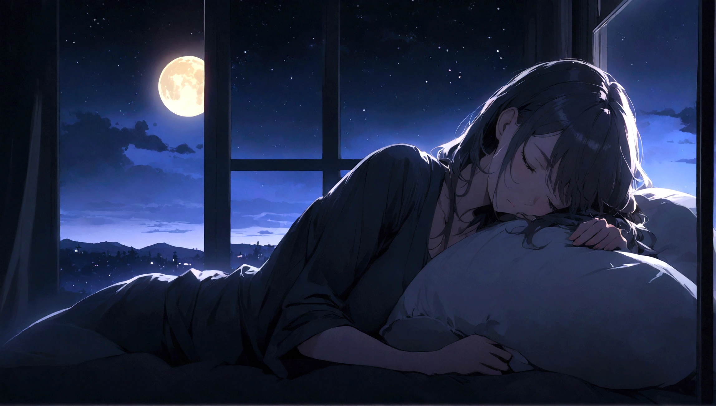 Beautiful woman sleeping on a pillow ,A window with a beautiful view, Night Sky, star, full moon.