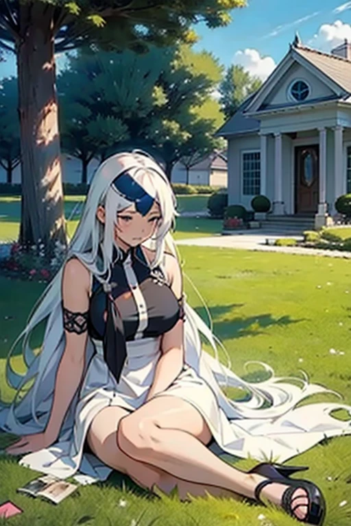 Girl with long white hair laying in the grass waiting for her boyfriend, manga page with panels and dialogue 