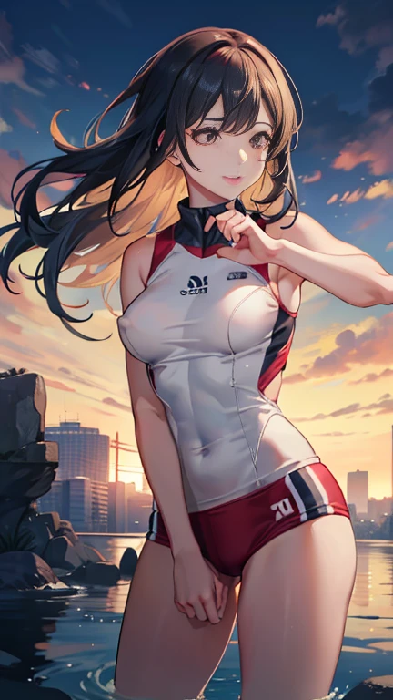 (highest quality, masterpiece:1.2)
1 woman, volleyball attack moment, jump, sports, ultra-detailed, super resolution, photo-realistic:1.4, 8k, raw photo, realistic, physically-based rendering, volleyball, sports wear, long hair, muscular, exposed skin, skin texture, soft breasts, sweat, calm mood, volumetric warm lighting, low light, ultra-realistic detail. Ai Shinozaki, body size 100-70-90! beautiful round face, heart-shaped lips curled up in a light smile, soft light, 8k.