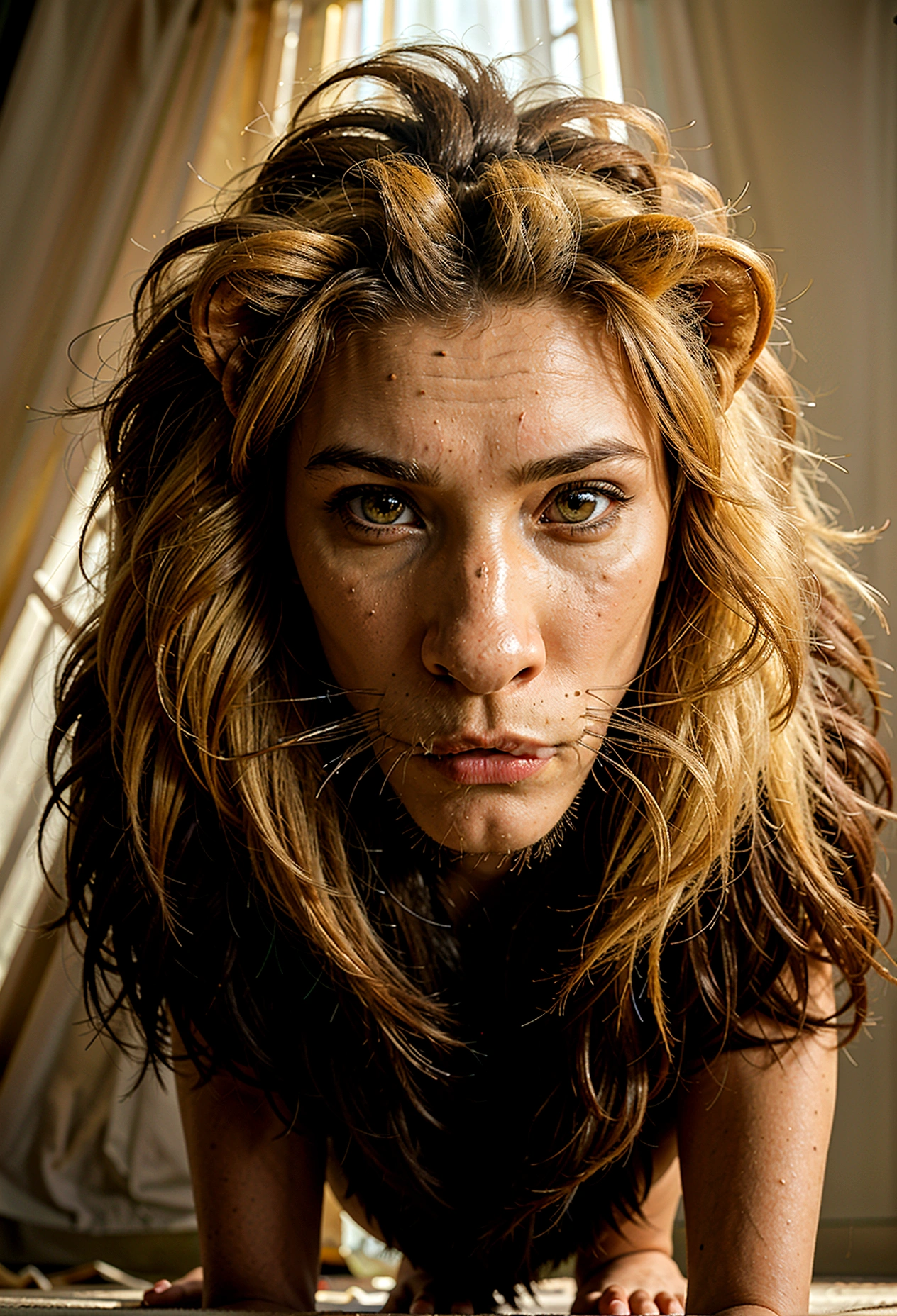 draw the head of a lion coming out of the light rays with a very large mane and very yellow fur