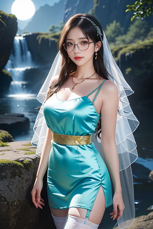 Proud woman beside snowy mountain waterfall，(8K Ultra HD、Digital SLR Camera、Soft Light、high quality、Volumetric Lighting、frank、photo、high resolution、4k、8K、Bokeh)，(Rich details on the eyes and face，warm color, Very saturated colors，Show a charming smile, little cherry mouth, mouth closed, Balanced Eyes, Perfect face, Pretty Face, black eyes，Skin is transparent and visible, Shirasawa skin, cosmetic, (Glasses),earrings， necklace, Jewelry，veil，Hair accessories)，(Create stunning images of real girls, warm light, Dynamic poses, Elegant Posture, Cowboy lens, Front full body，Look confident from the front，Body facing the camera，Standing pose facing the camera，Open your legs slightly，Golden Ratio Graphics，Minimalism, ), （moonlight，Deep mountain waterfall background）, Chinese female students，Messy Hairstyle，,Gradient hairstyles，Cyberpunk hairstyle，(Transparent clothes：1.5)，Coral blue dress，Fishnet Clothes，Transparent clothes， tights， Open pants，（Sexy，Perfect breast shape、Very detailed breasts，34E cup），No underwear，（High waist，Waist hollow，Levain），Flesh-colored socks.（Clear knee-length socks、garter、腿部garter）