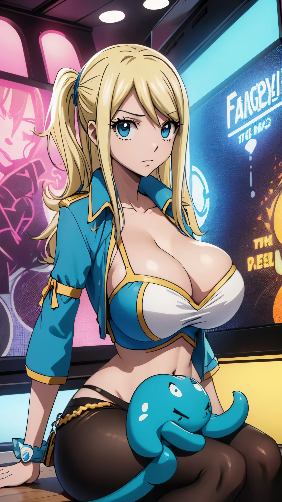 (best quality,highres:1.2),ultra-detailed,realistic,photorealistic:1.37,a beautiful girl (Lucy Heartfillia from Fairy Tail) model in a pop style,18 years old,long legs,medium breasts,extremely detailed face (with emphasis on azure eyes),wearing tight-fitting clothes (exposing the stomach),sitting in a perfect split pose,illustration,colorful pop art style,dynamic lighting,neon colors,sunglasses on head