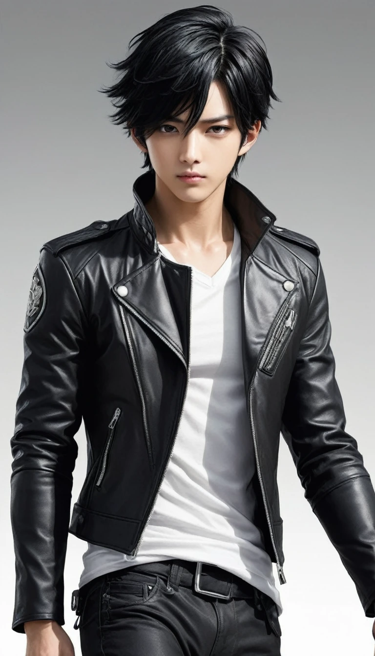 One boy, Black Hair, White Background, Shortcuts, leather jacket, T-Shirts, Upper Body, Detailed shape, Detailed lines, The Art of Combat Attack, Color Manga Style
