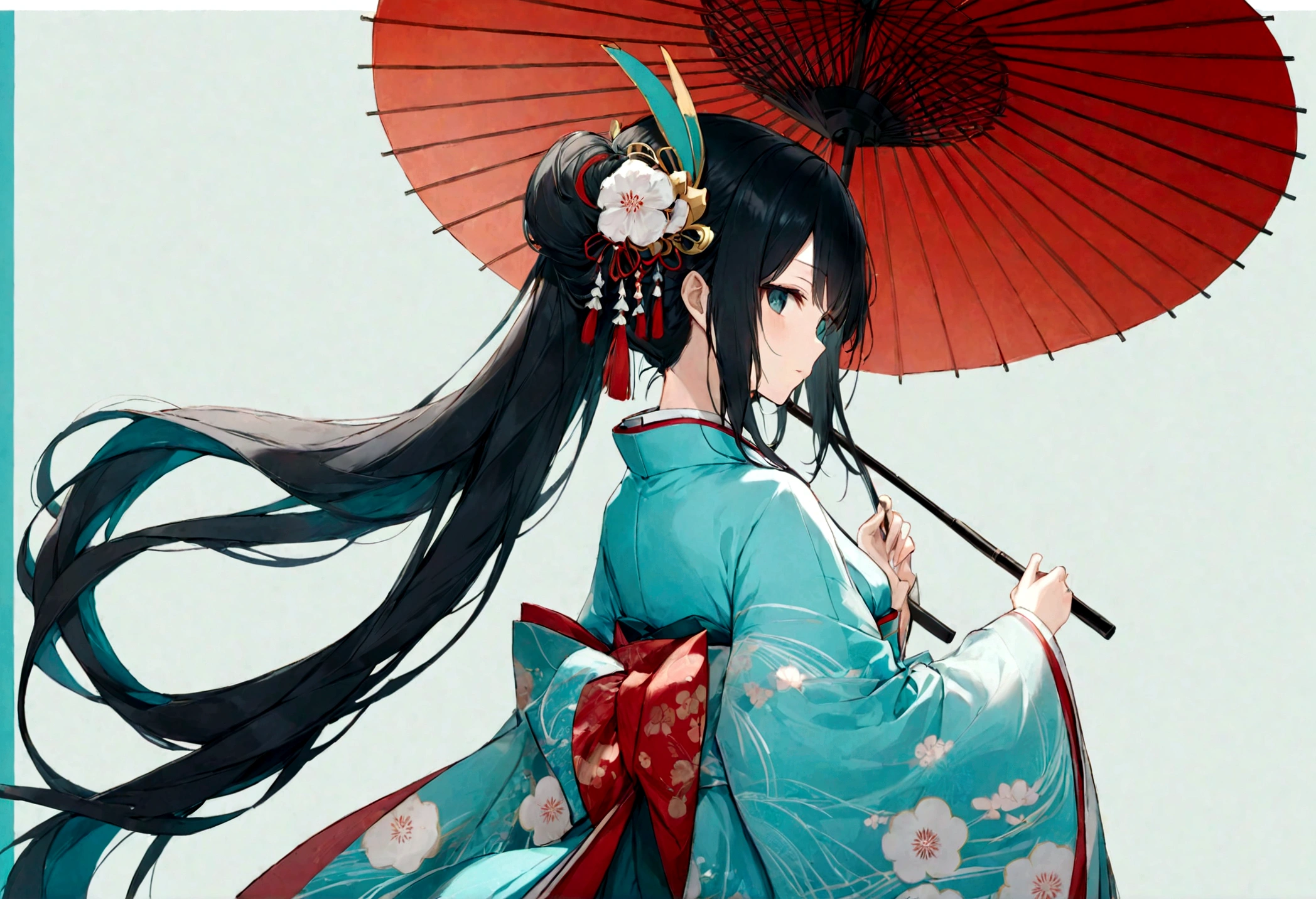 A woman in a blue kimono holding a parasol。Heian period。Red Umbrella。Standing with your back turned。Angle from the back。Hatsune Miku with black hair。