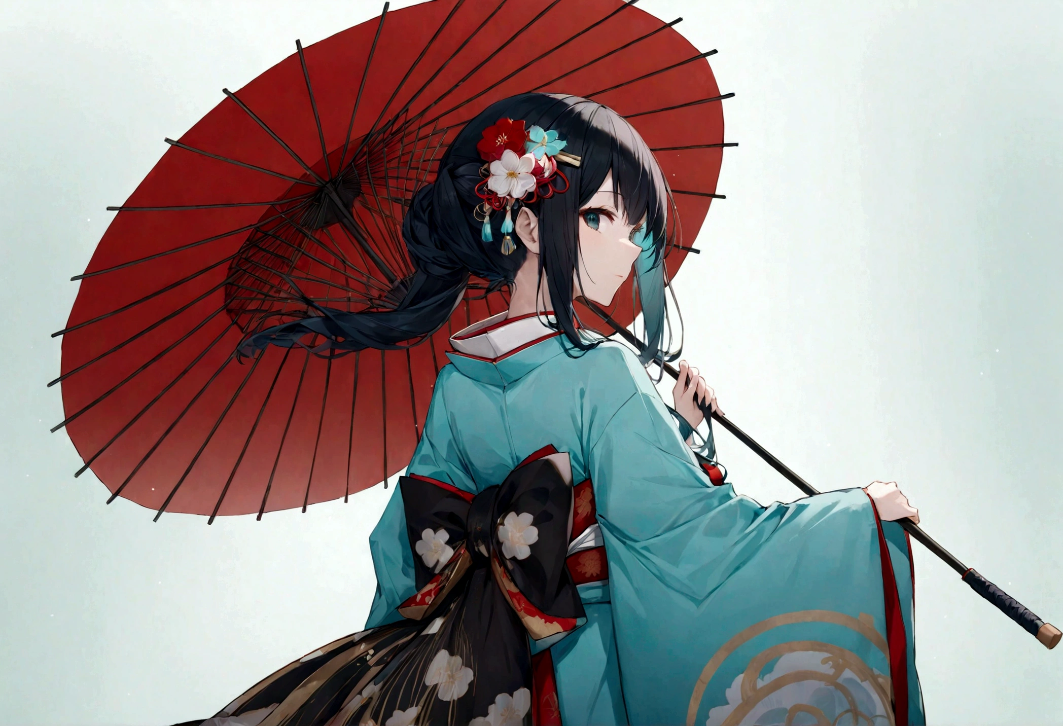 A woman in a blue kimono holding a parasol。Heian period。Red Umbrella。Standing with your back turned。Angle from the back。Hatsune Miku with black hair。